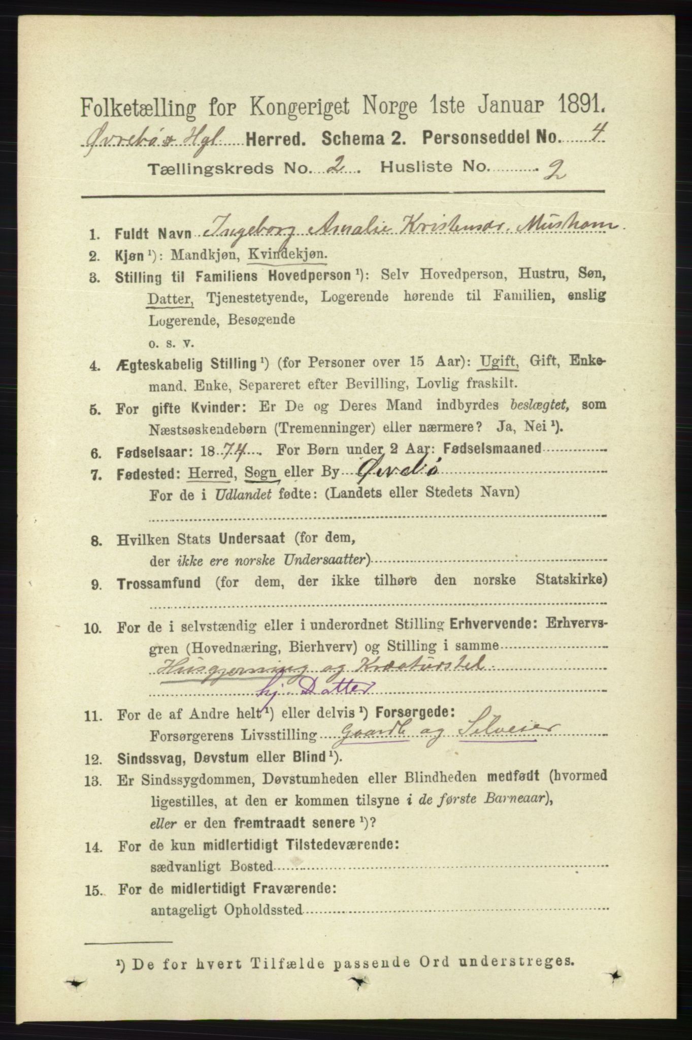 RA, 1891 census for 1016 Øvrebø og Hægeland, 1891, p. 325