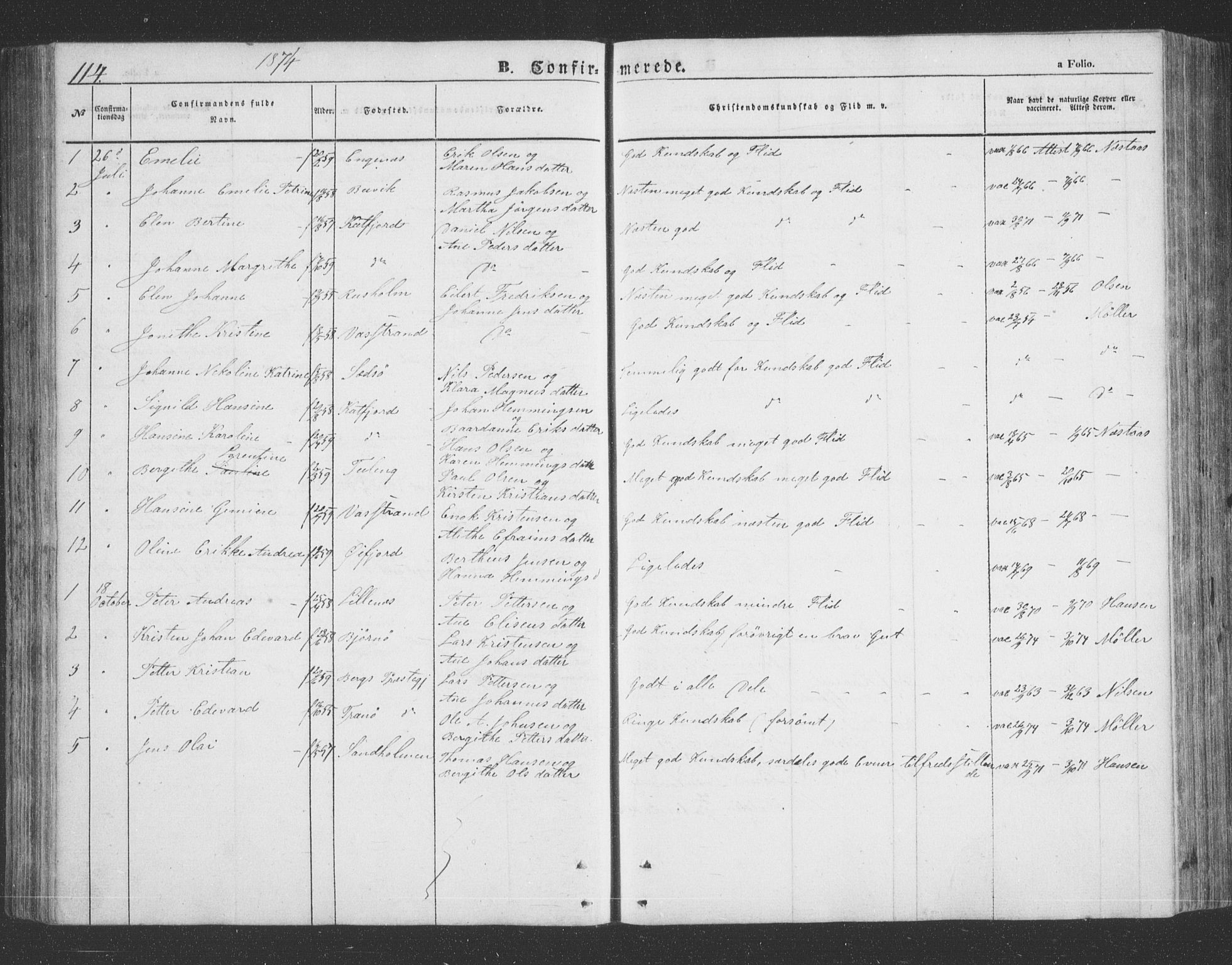 Lenvik sokneprestembete, SATØ/S-1310/H/Ha/Hab/L0020klokker: Parish register (copy) no. 20, 1855-1883, p. 114