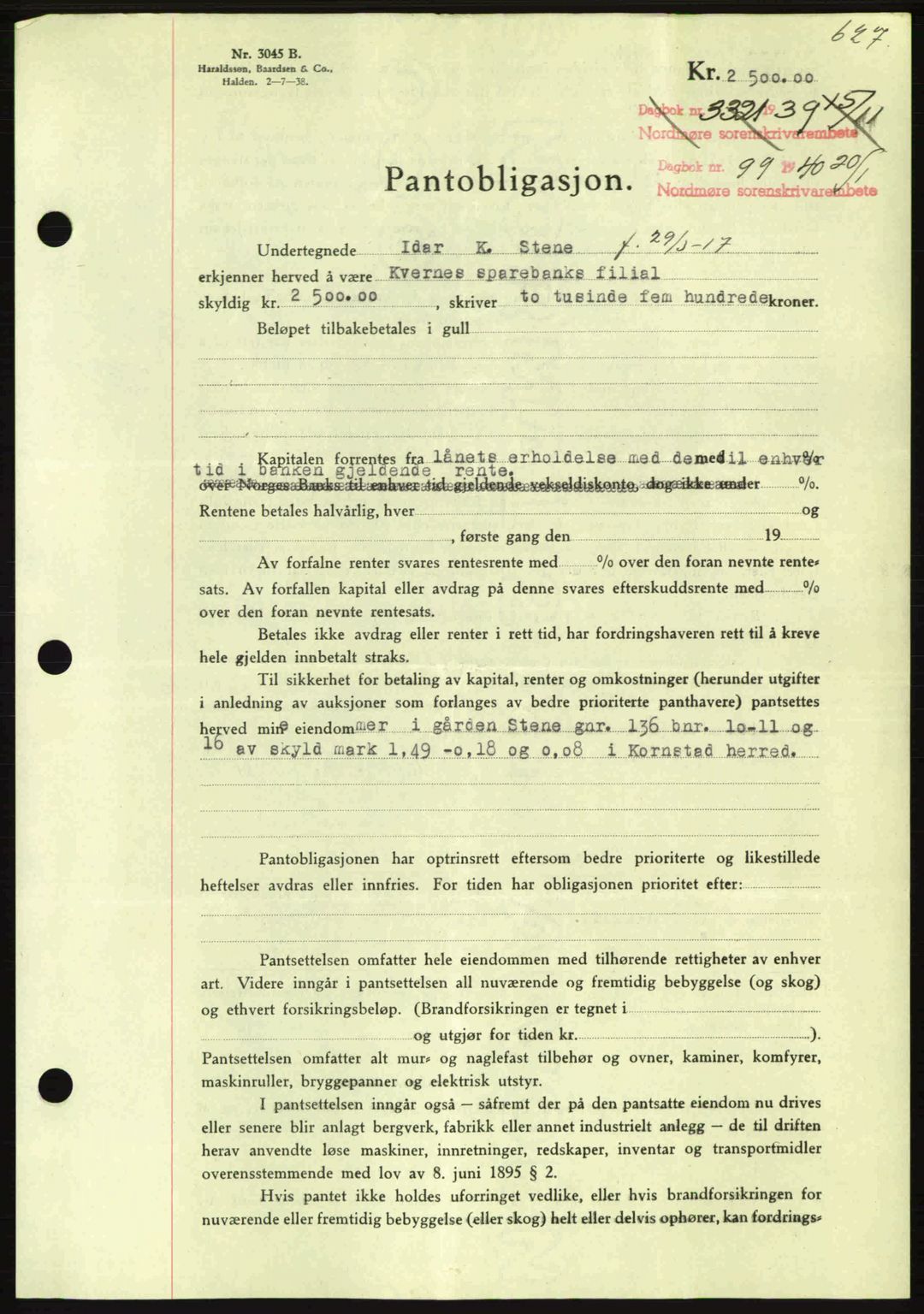 Nordmøre sorenskriveri, AV/SAT-A-4132/1/2/2Ca: Mortgage book no. B86, 1939-1940, Diary no: : 99/1940