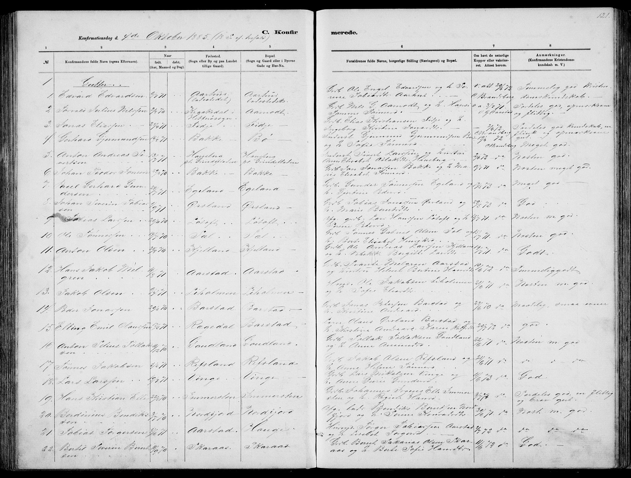 Sokndal sokneprestkontor, AV/SAST-A-101808: Parish register (copy) no. B 4, 1880-1891, p. 121