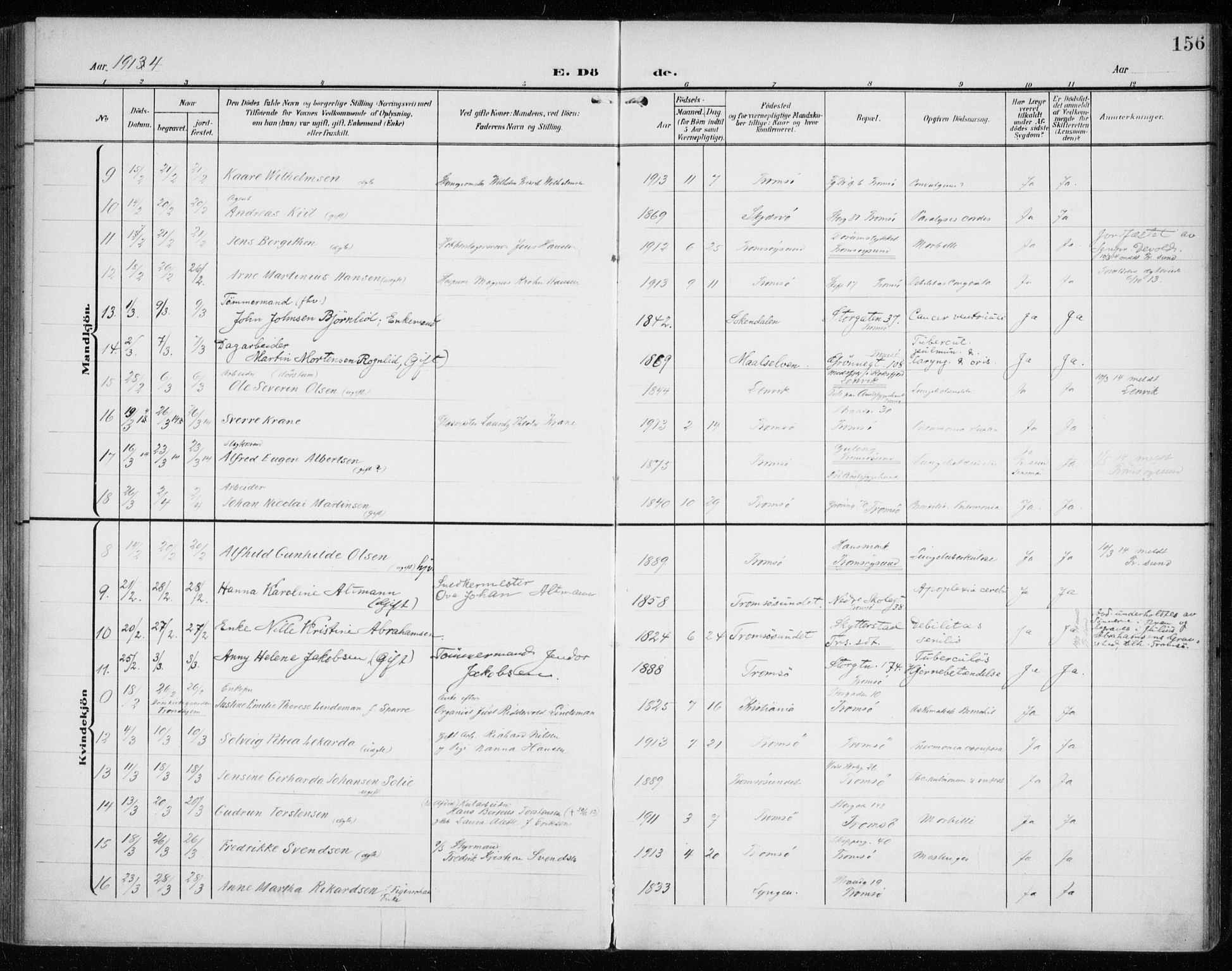 Tromsø sokneprestkontor/stiftsprosti/domprosti, AV/SATØ-S-1343/G/Ga/L0018kirke: Parish register (official) no. 18, 1907-1917, p. 156