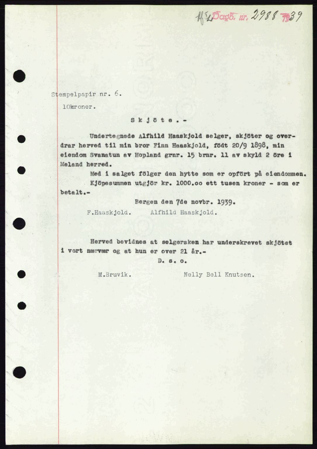 Nordhordland sorenskrivar, SAB/A-2901/1/G/Gb/Gbf/L0010: Mortgage book no. A10, 1939-1940, Diary no: : 2988/1939
