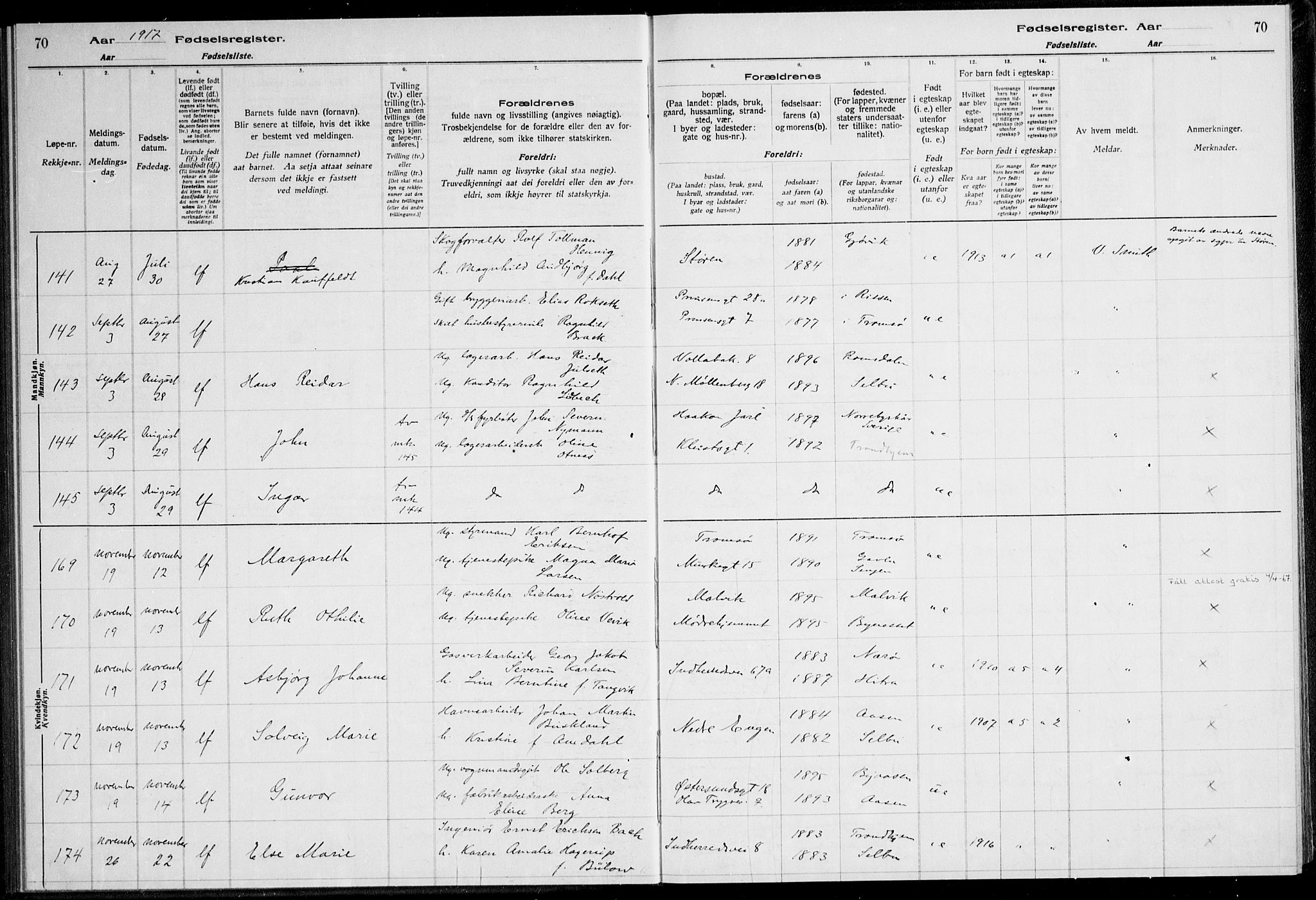 Ministerialprotokoller, klokkerbøker og fødselsregistre - Sør-Trøndelag, AV/SAT-A-1456/600/L0002: Birth register no. 600.II.4.1, 1916-1920, p. 70