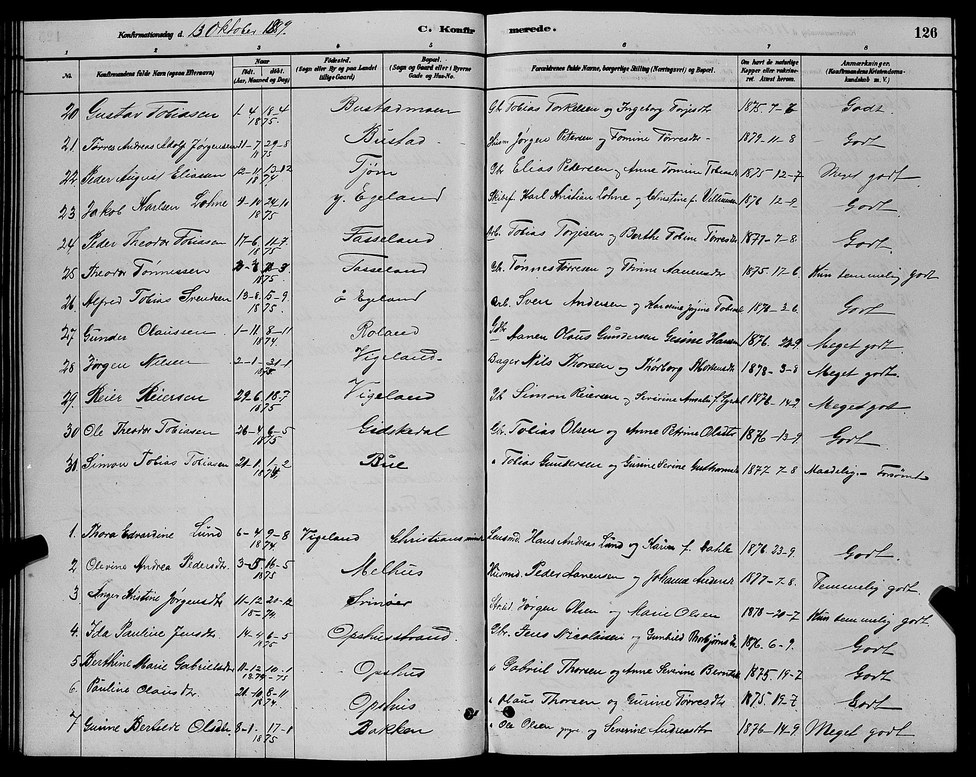 Sør-Audnedal sokneprestkontor, AV/SAK-1111-0039/F/Fb/Fbb/L0005: Parish register (copy) no. B 5, 1880-1892, p. 126