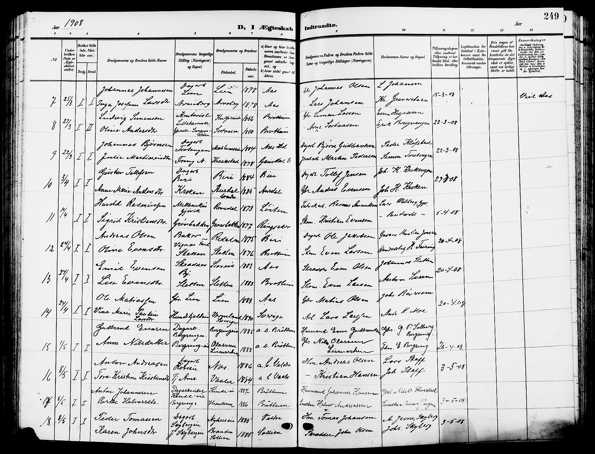 Ringsaker prestekontor, AV/SAH-PREST-014/L/La/L0015: Parish register (copy) no. 15, 1903-1912, p. 249