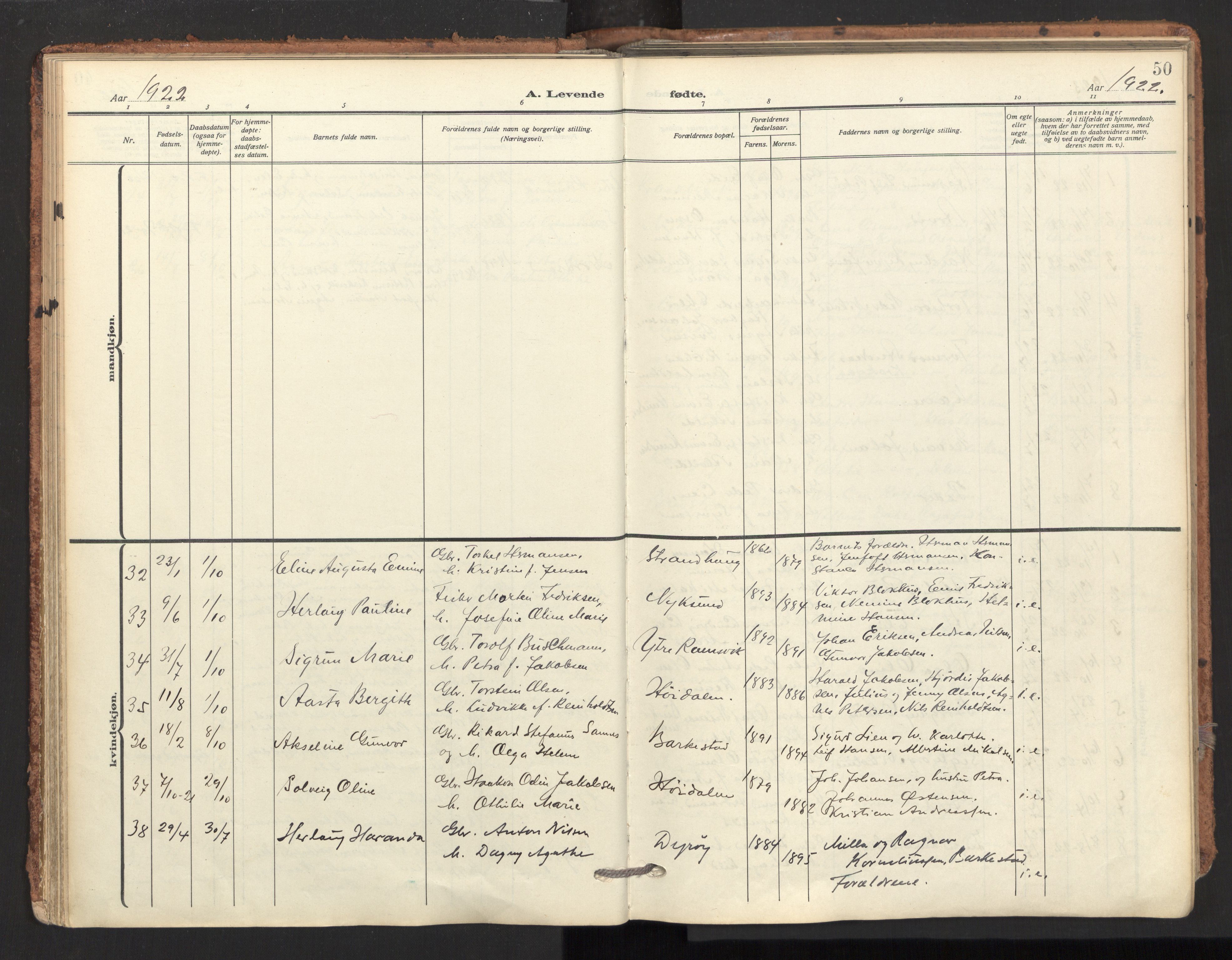 Ministerialprotokoller, klokkerbøker og fødselsregistre - Nordland, AV/SAT-A-1459/893/L1343: Parish register (official) no. 893A15, 1914-1928, p. 50