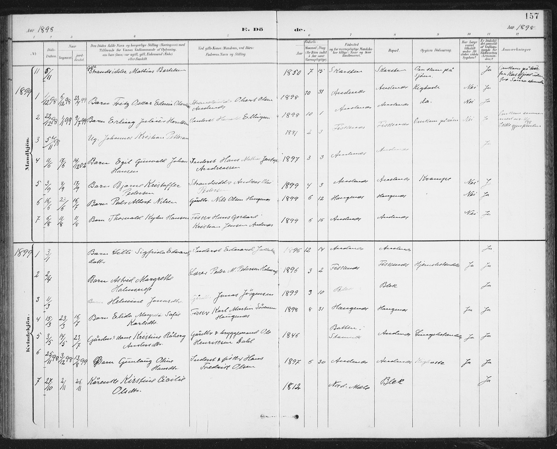 Ministerialprotokoller, klokkerbøker og fødselsregistre - Nordland, SAT/A-1459/899/L1437: Parish register (official) no. 899A05, 1897-1908, p. 157