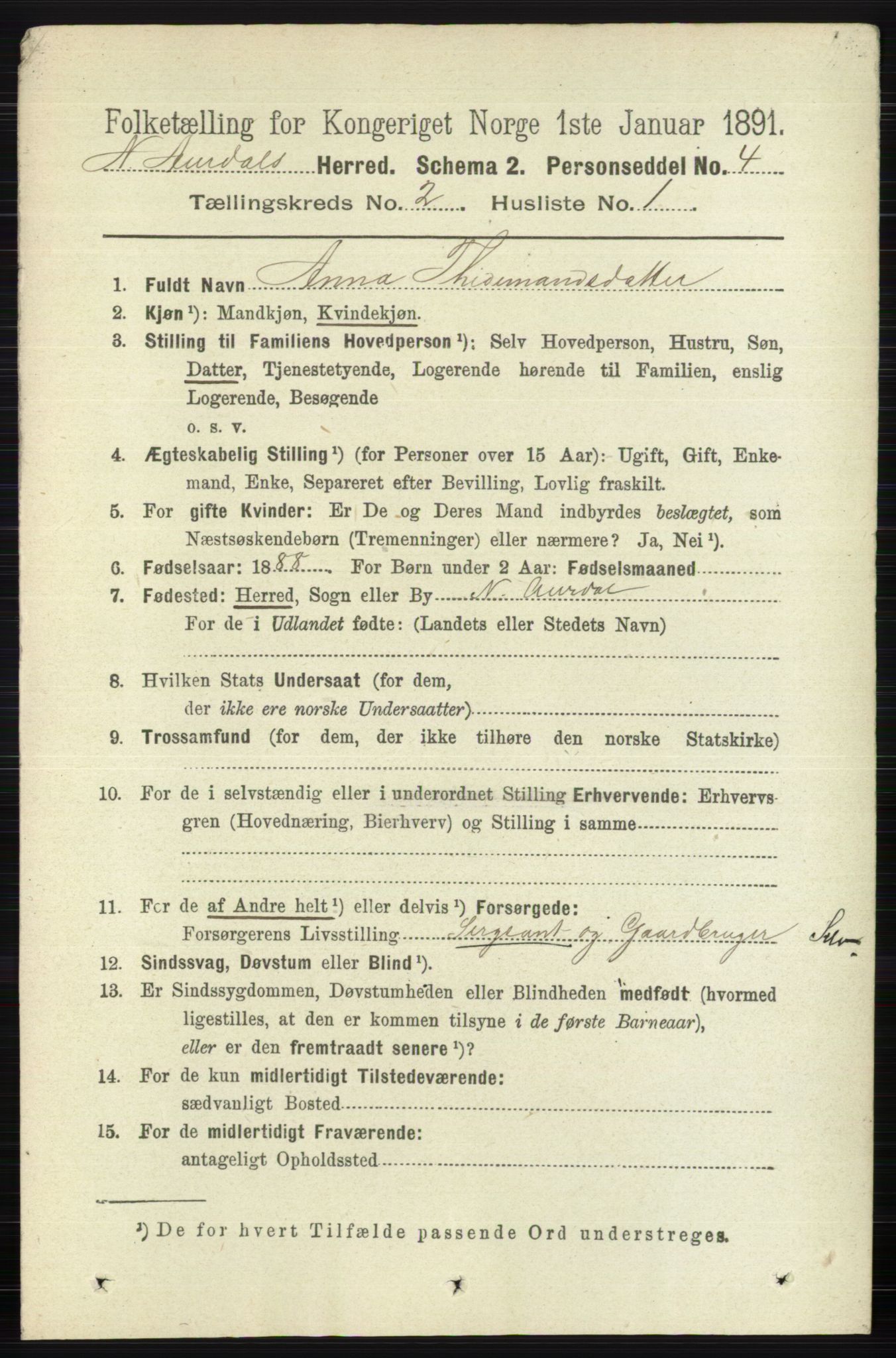 RA, 1891 census for 0542 Nord-Aurdal, 1891, p. 595