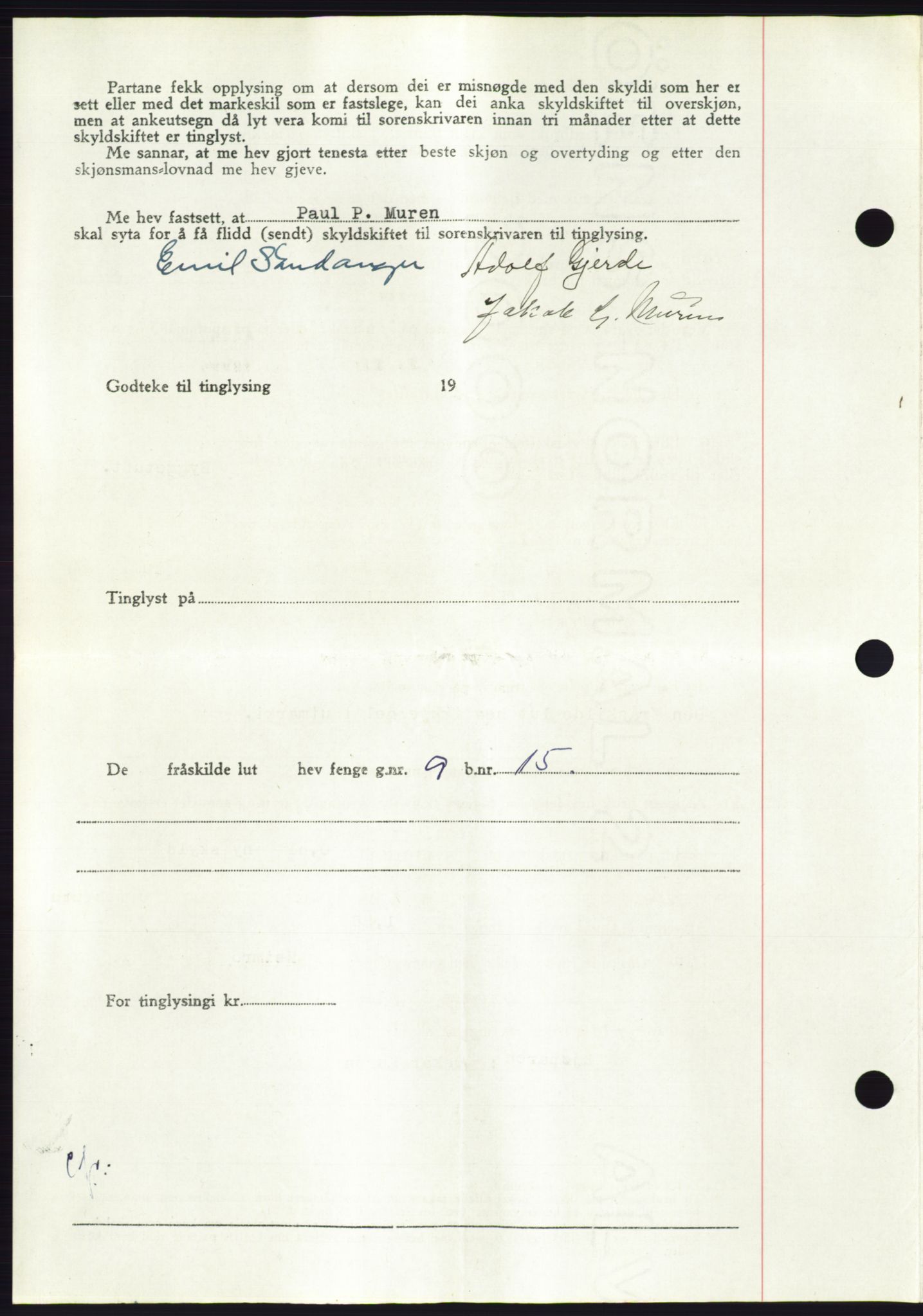 Søre Sunnmøre sorenskriveri, AV/SAT-A-4122/1/2/2C/L0092: Mortgage book no. 18A, 1952-1952, Diary no: : 945/1952