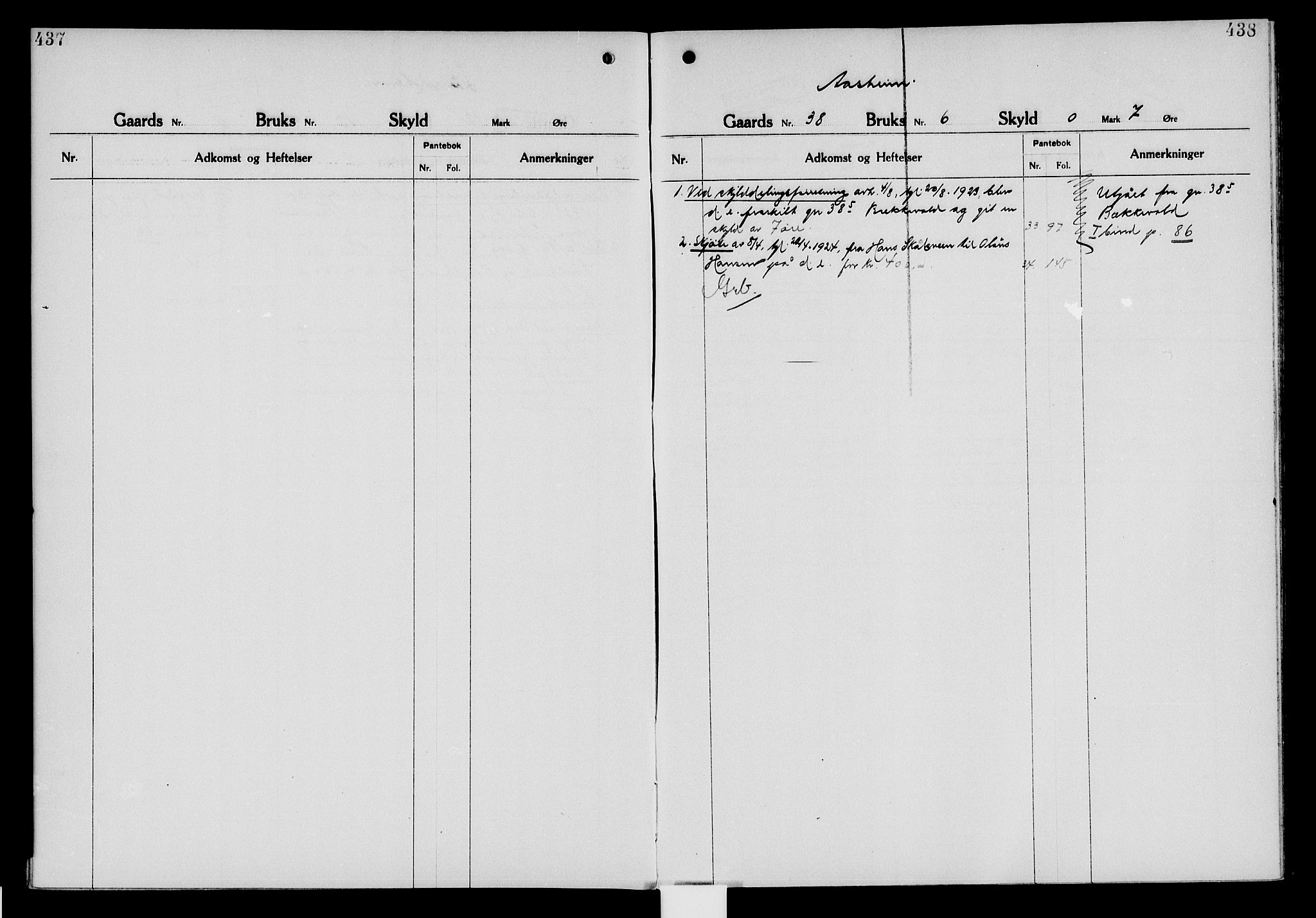 Nord-Hedmark sorenskriveri, SAH/TING-012/H/Ha/Had/Hade/L0006: Mortgage register no. 4.6, 1920-1940, p. 437-438