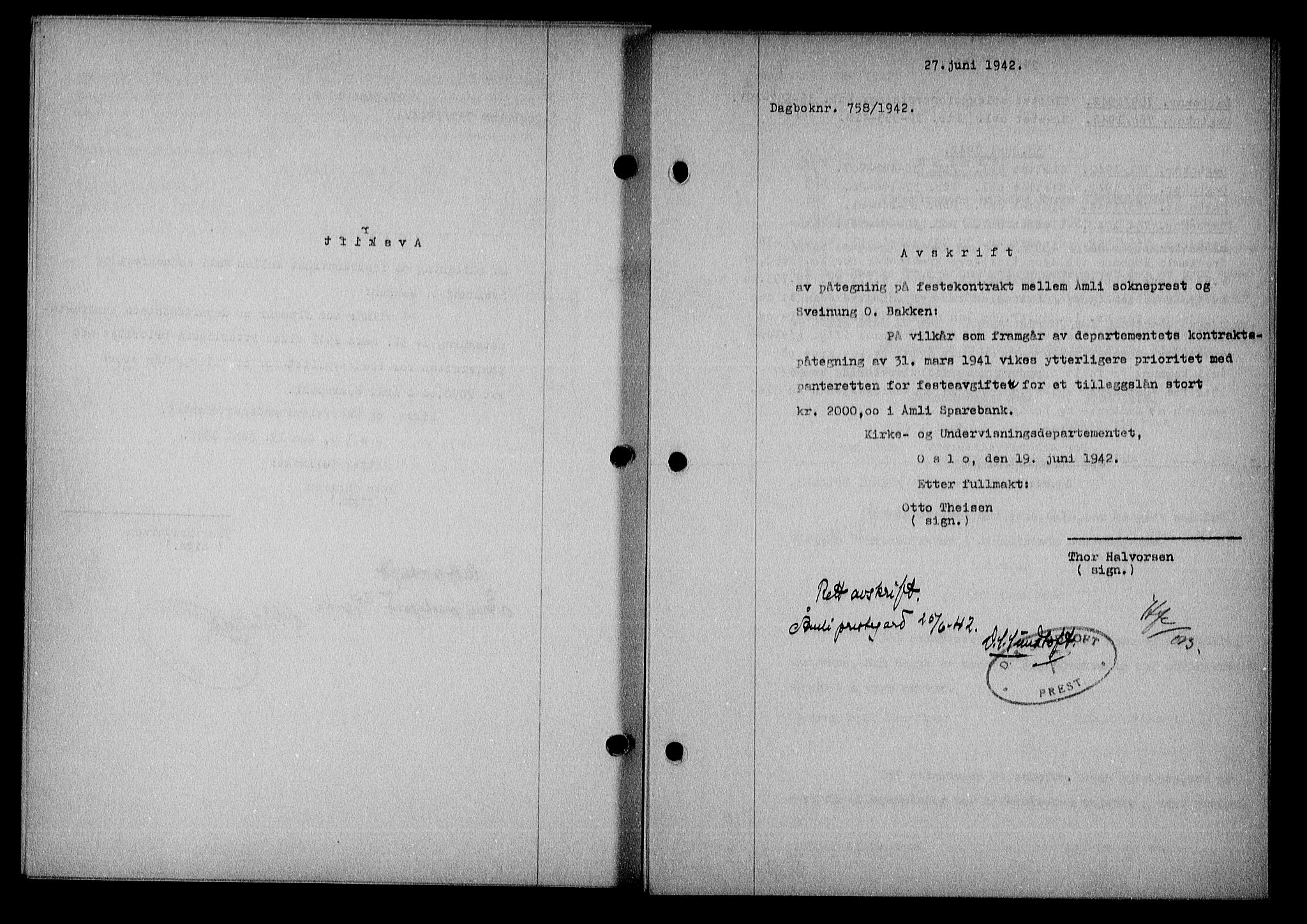Nedenes sorenskriveri, SAK/1221-0006/G/Gb/Gba/L0049: Mortgage book no. A-III, 1941-1942, Diary no: : 758/1942