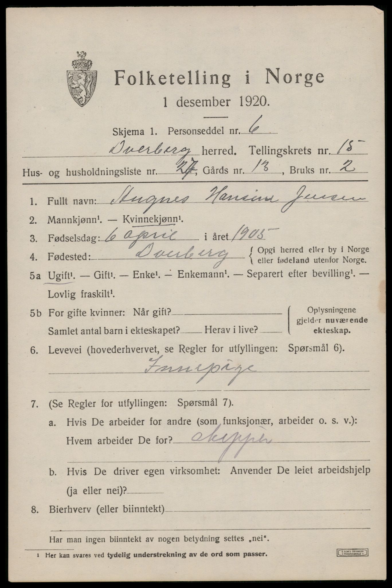 SAT, 1920 census for Dverberg, 1920, p. 11302