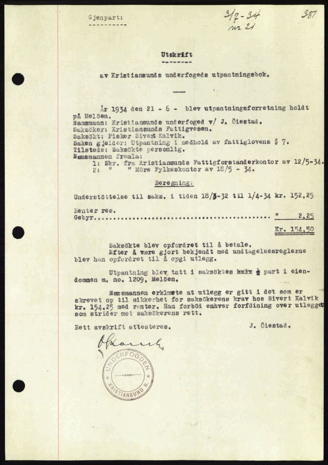 Kristiansund byfogd, AV/SAT-A-4587/A/27: Mortgage book no. 27, 1933-1934, Deed date: 03.07.1934