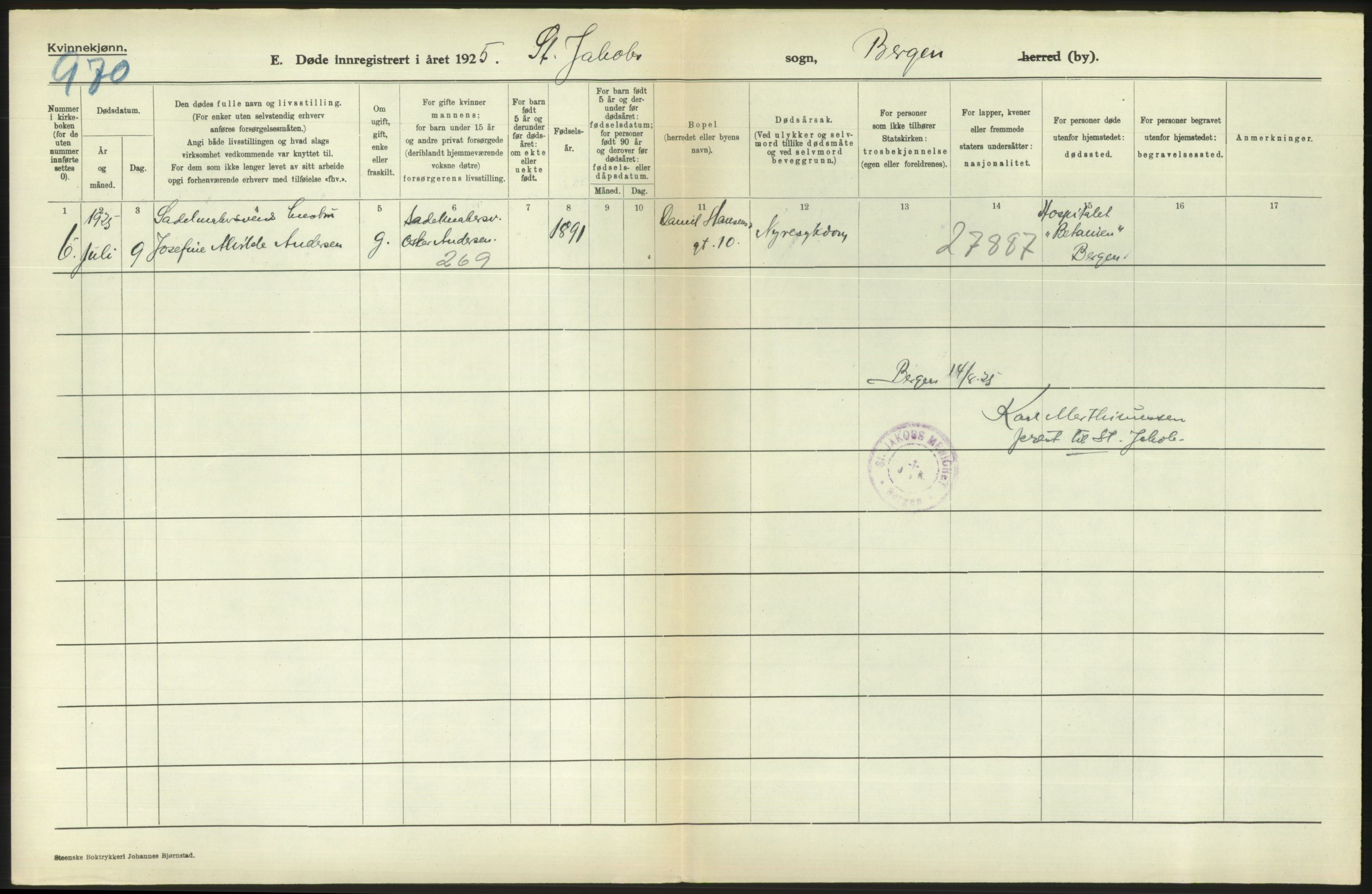 Statistisk sentralbyrå, Sosiodemografiske emner, Befolkning, AV/RA-S-2228/D/Df/Dfc/Dfce/L0029: Bergen: Gifte, døde., 1925, p. 754