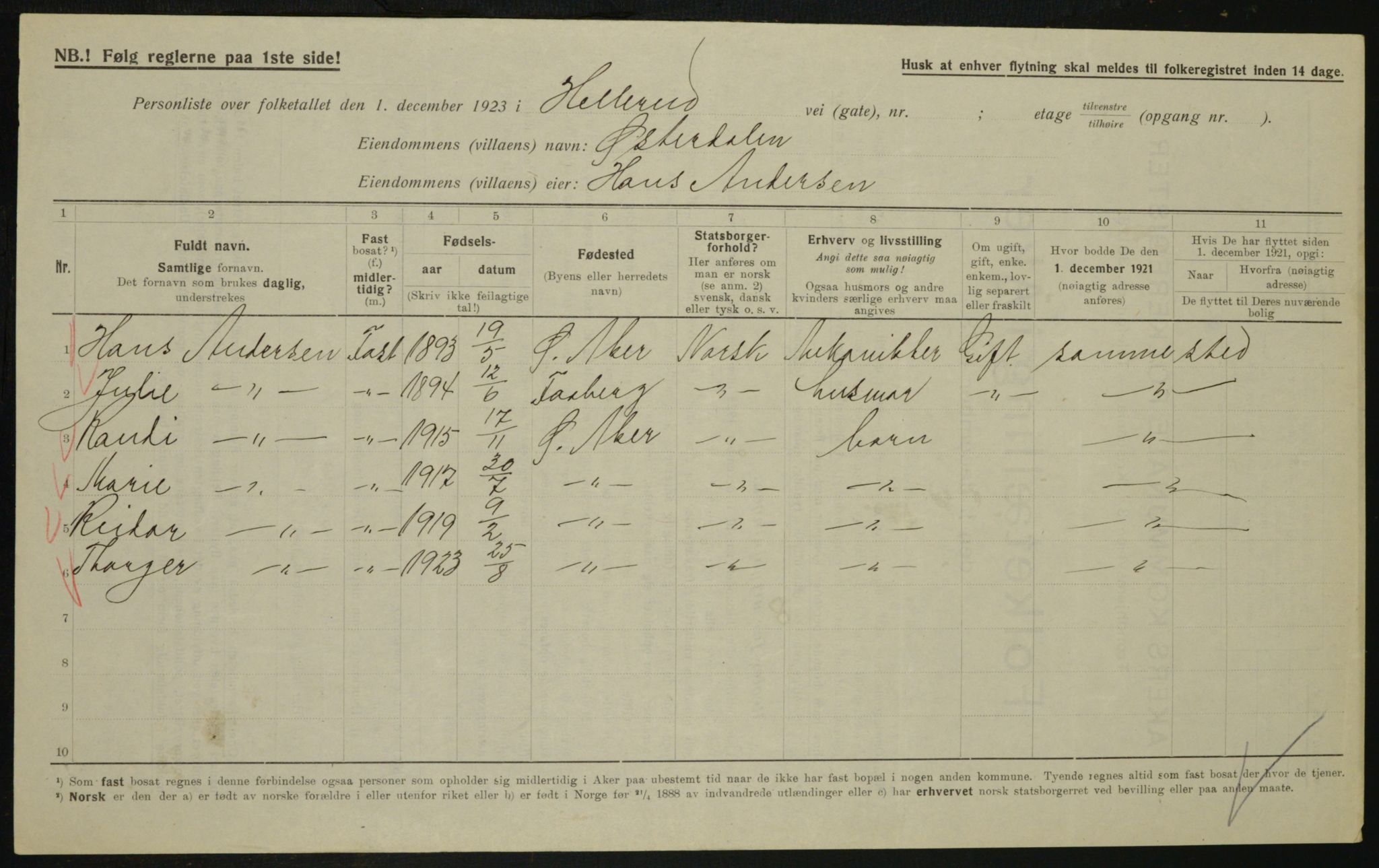 , Municipal Census 1923 for Aker, 1923, p. 26071