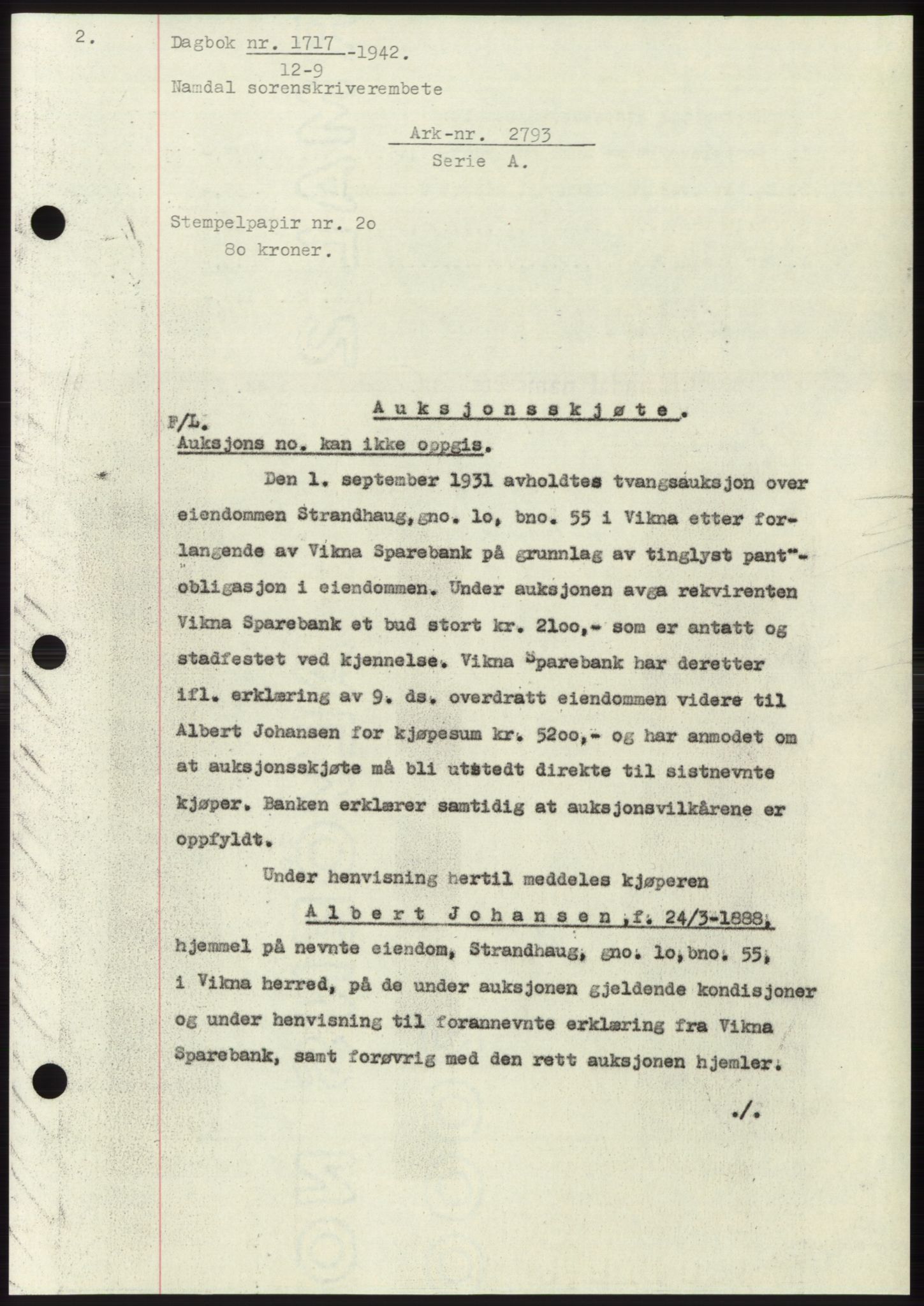 Namdal sorenskriveri, SAT/A-4133/1/2/2C: Mortgage book no. -, 1942-1943, Diary no: : 1717/1942