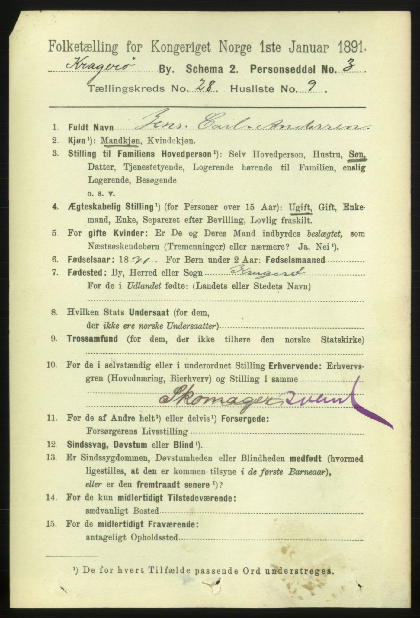 RA, 1891 census for 0801 Kragerø, 1891, p. 5479