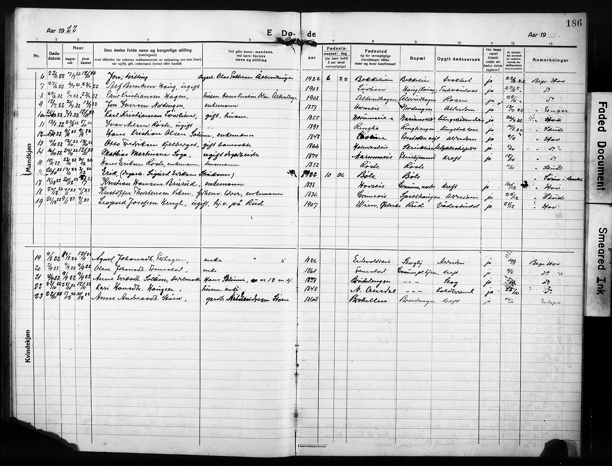 Søndre Land prestekontor, AV/SAH-PREST-122/L/L0007: Parish register (copy) no. 7, 1915-1932, p. 186