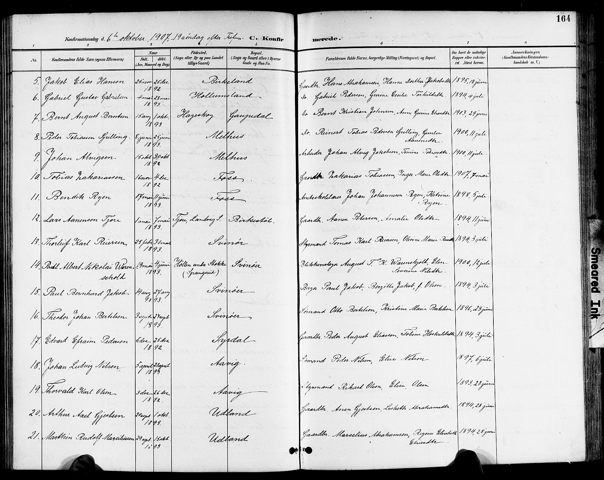 Sør-Audnedal sokneprestkontor, AV/SAK-1111-0039/F/Fb/Fbb/L0006: Parish register (copy) no. B 6, 1893-1915, p. 164