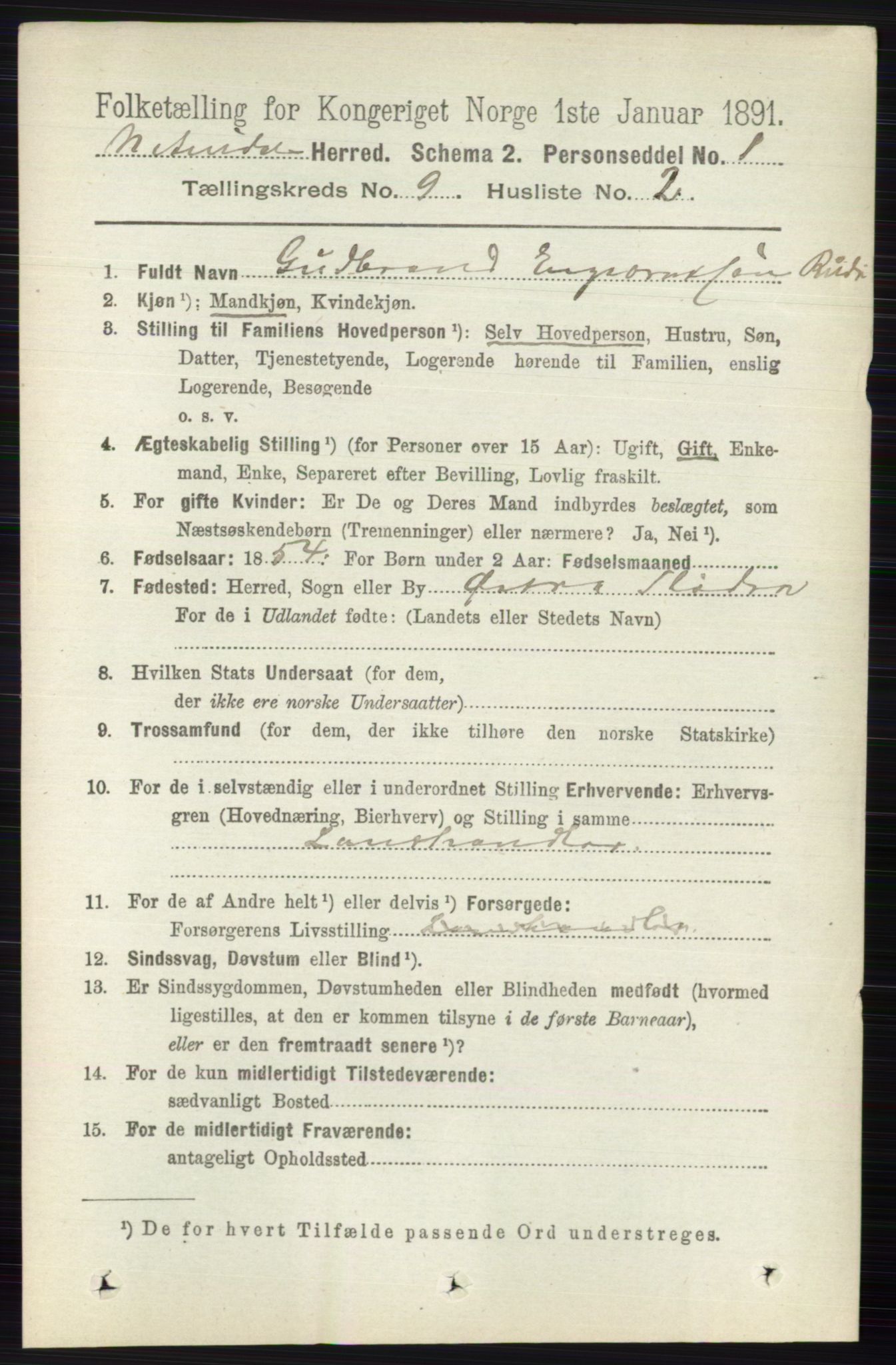 RA, 1891 census for 0542 Nord-Aurdal, 1891, p. 3426