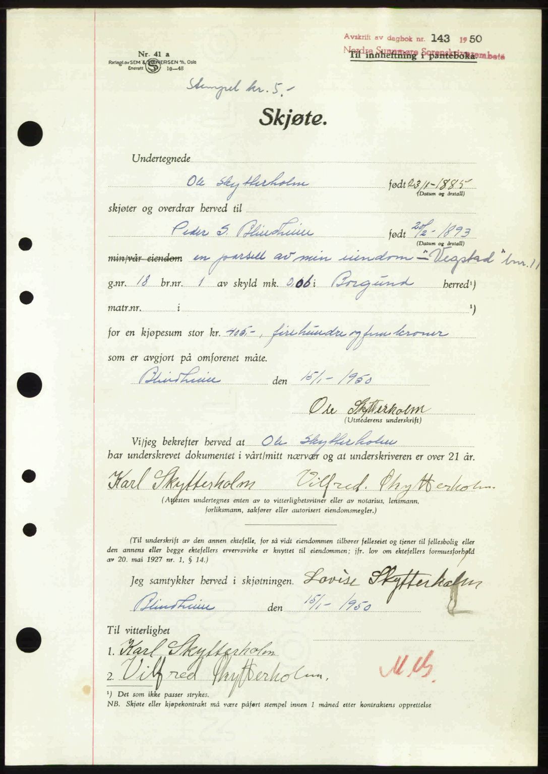 Nordre Sunnmøre sorenskriveri, AV/SAT-A-0006/1/2/2C/2Ca: Mortgage book no. A33, 1949-1950, Diary no: : 143/1950