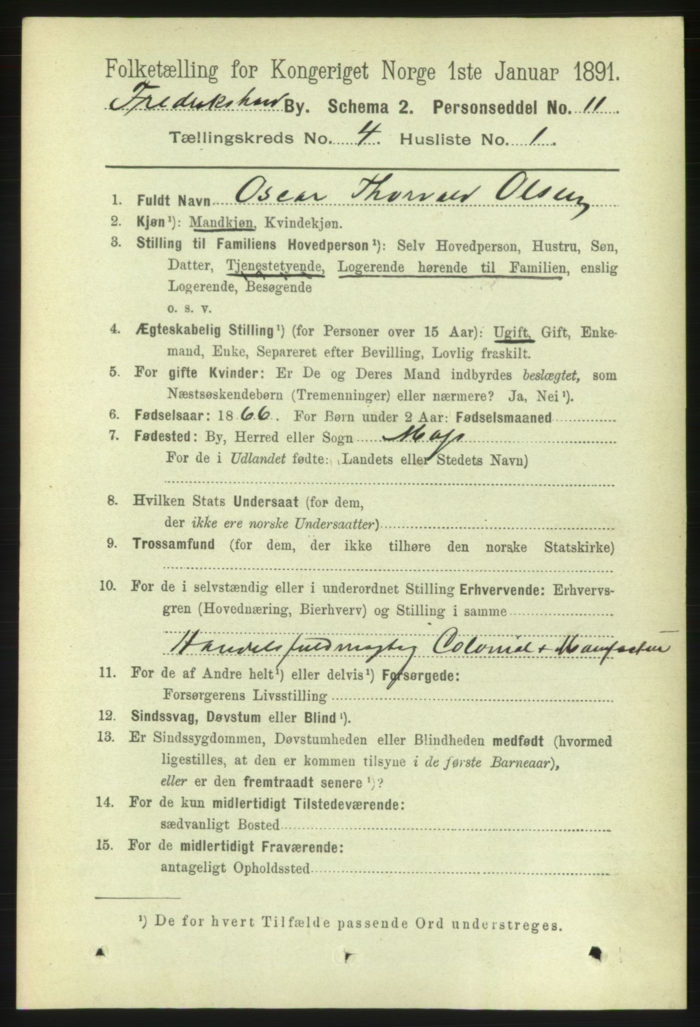 RA, 1891 census for 0101 Fredrikshald, 1891, p. 3743