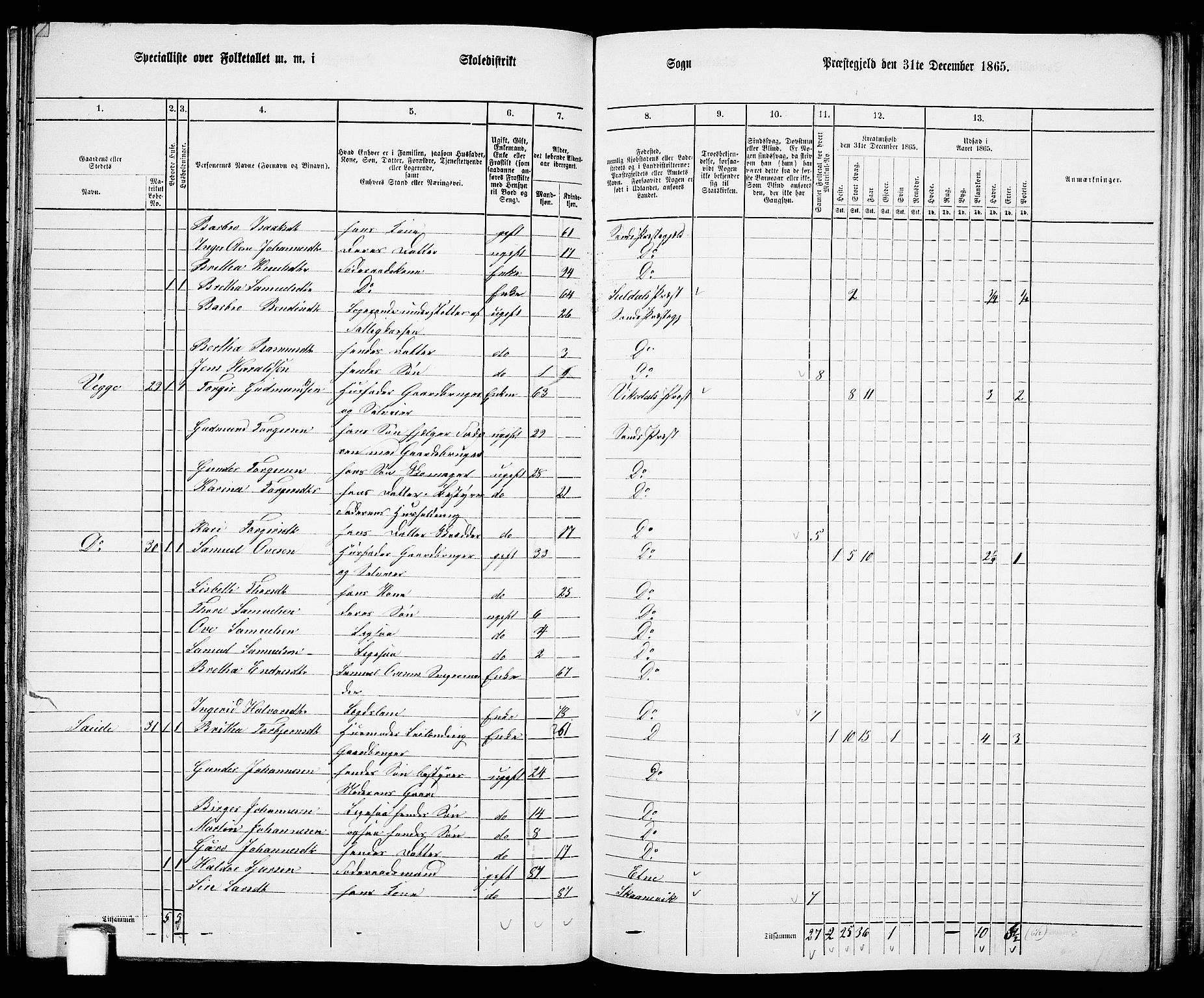 RA, 1865 census for Sand, 1865, p. 95