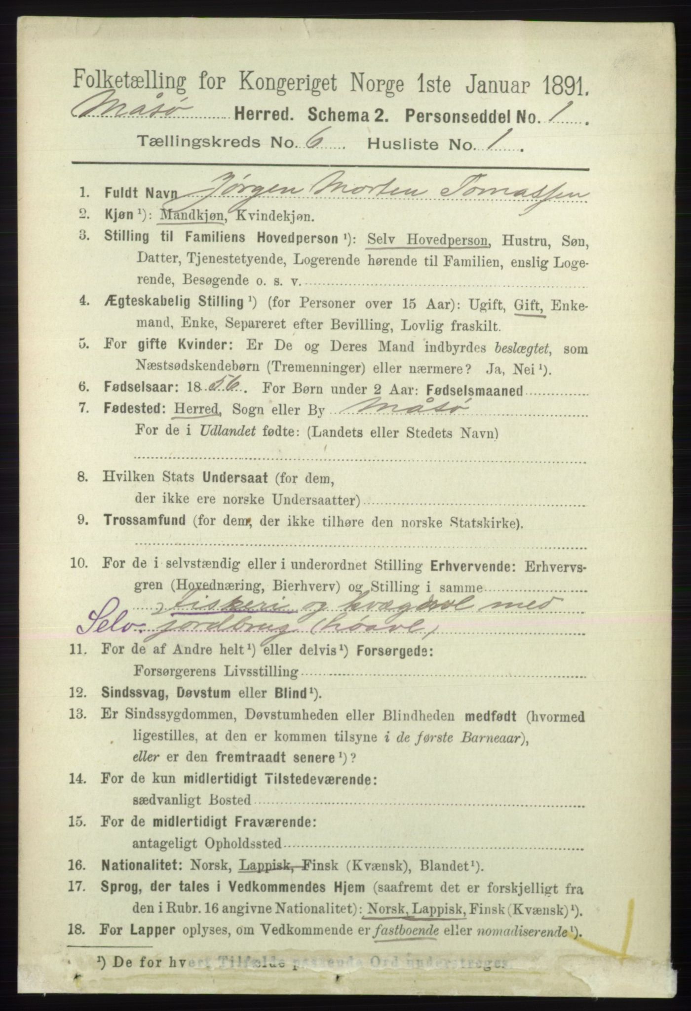 RA, 1891 census for 2018 Måsøy, 1891, p. 1122