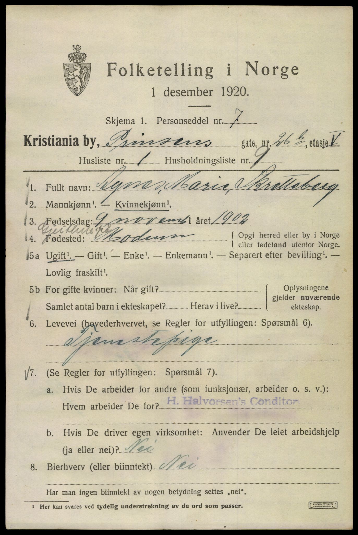 SAO, 1920 census for Kristiania, 1920, p. 458723