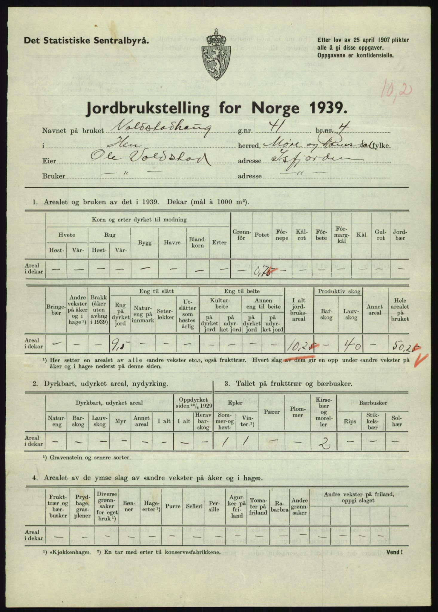 Statistisk sentralbyrå, Næringsøkonomiske emner, Jordbruk, skogbruk, jakt, fiske og fangst, AV/RA-S-2234/G/Gb/L0251: Møre og Romsdal: Voll, Eid, Grytten og Hen, 1939, p. 1119