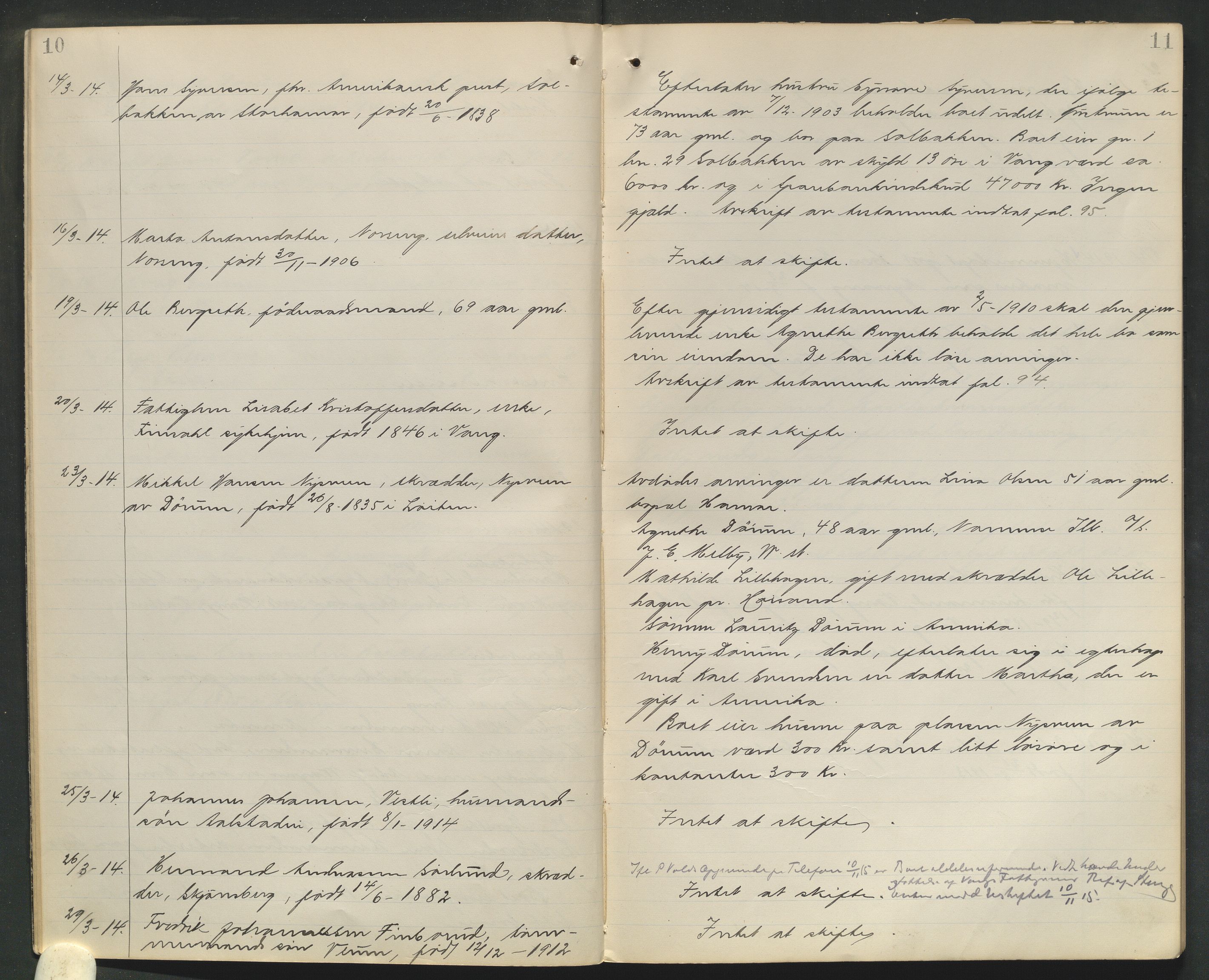 Nord-Hedmark sorenskriveri, AV/SAH-TING-012/J/Ji/L0010: Dødsfallsprotokoll - Vang, 1913-1916, p. 10-11