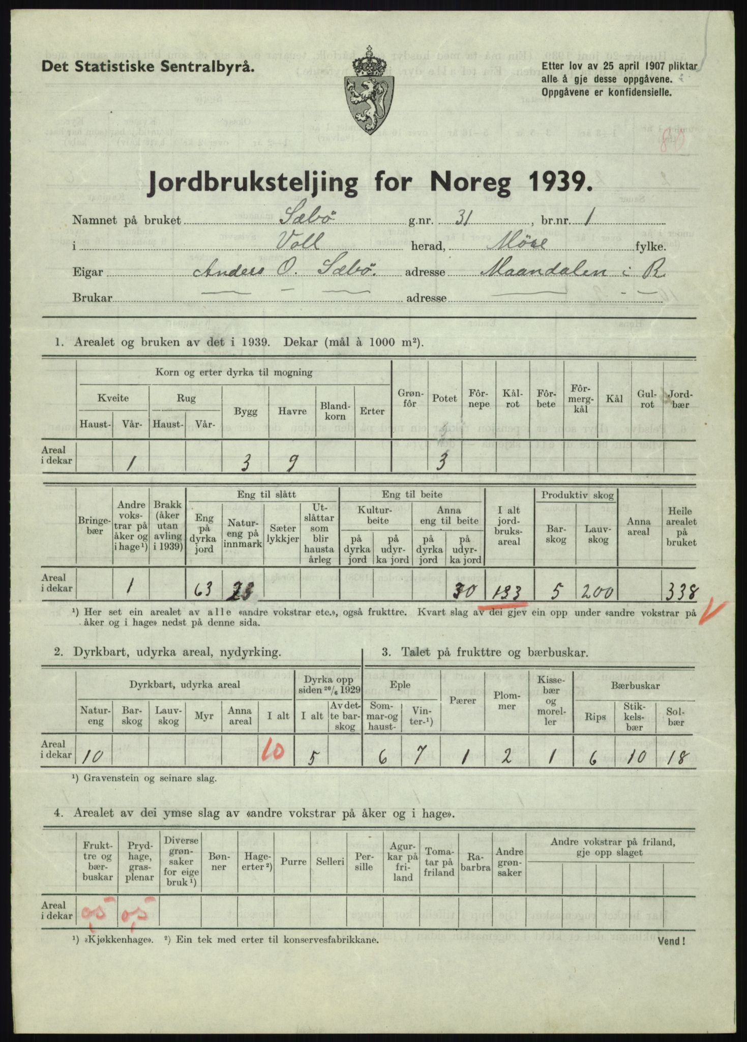 Statistisk sentralbyrå, Næringsøkonomiske emner, Jordbruk, skogbruk, jakt, fiske og fangst, AV/RA-S-2234/G/Gb/L0251: Møre og Romsdal: Voll, Eid, Grytten og Hen, 1939, p. 341