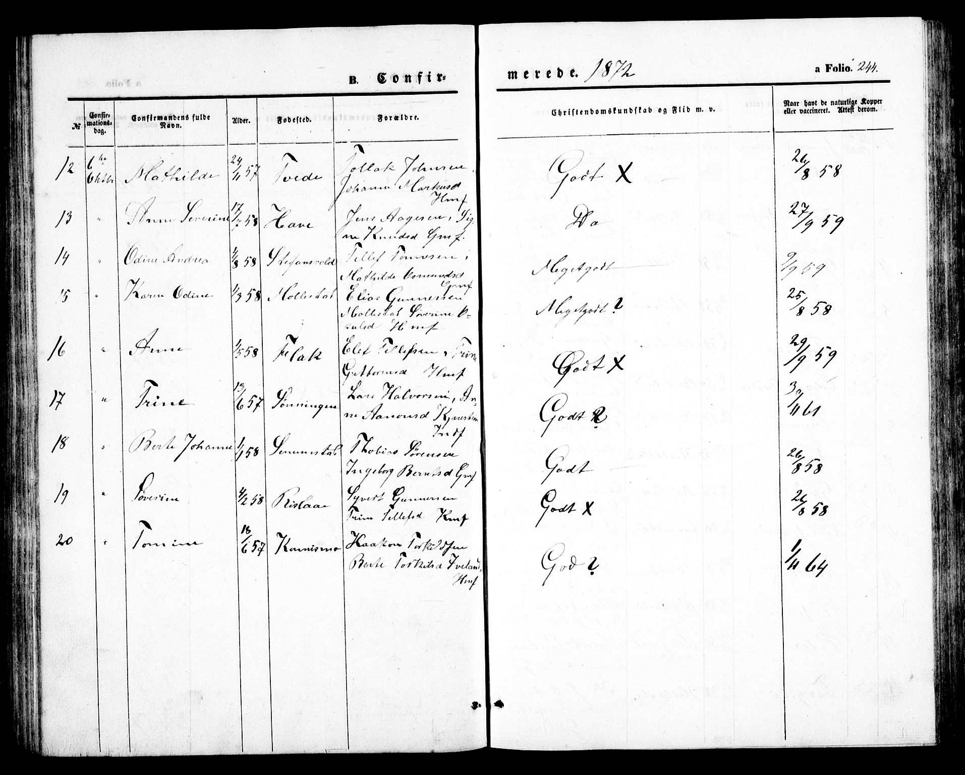 Birkenes sokneprestkontor, AV/SAK-1111-0004/F/Fb/L0002: Parish register (copy) no. B 2, 1849-1876, p. 244