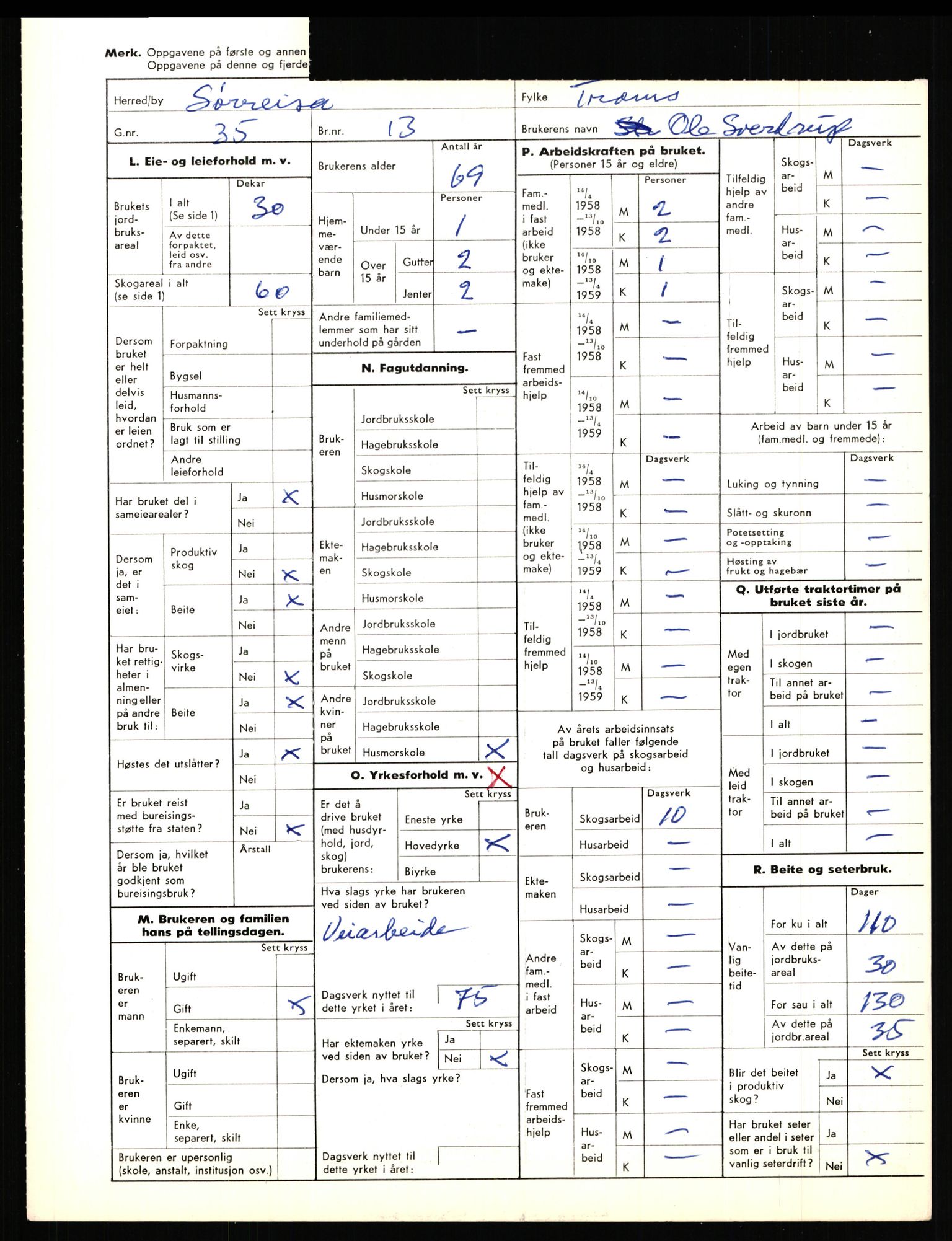 Statistisk sentralbyrå, Næringsøkonomiske emner, Jordbruk, skogbruk, jakt, fiske og fangst, AV/RA-S-2234/G/Gd/L0656: Troms: 1924 Målselv (kl. 0-3) og 1925 Sørreisa, 1959, p. 1729