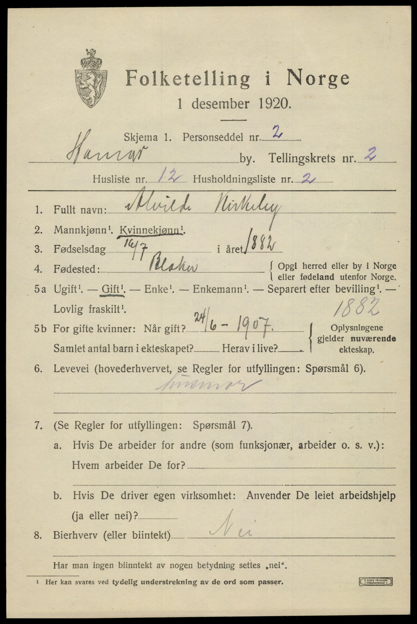 SAH, 1920 census for Hamar, 1920, p. 6089