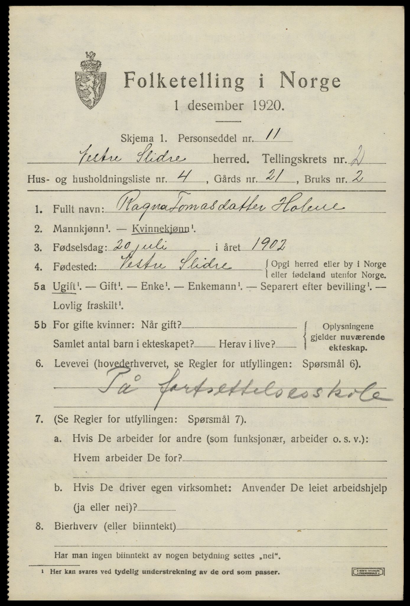 SAH, 1920 census for Vestre Slidre, 1920, p. 1618