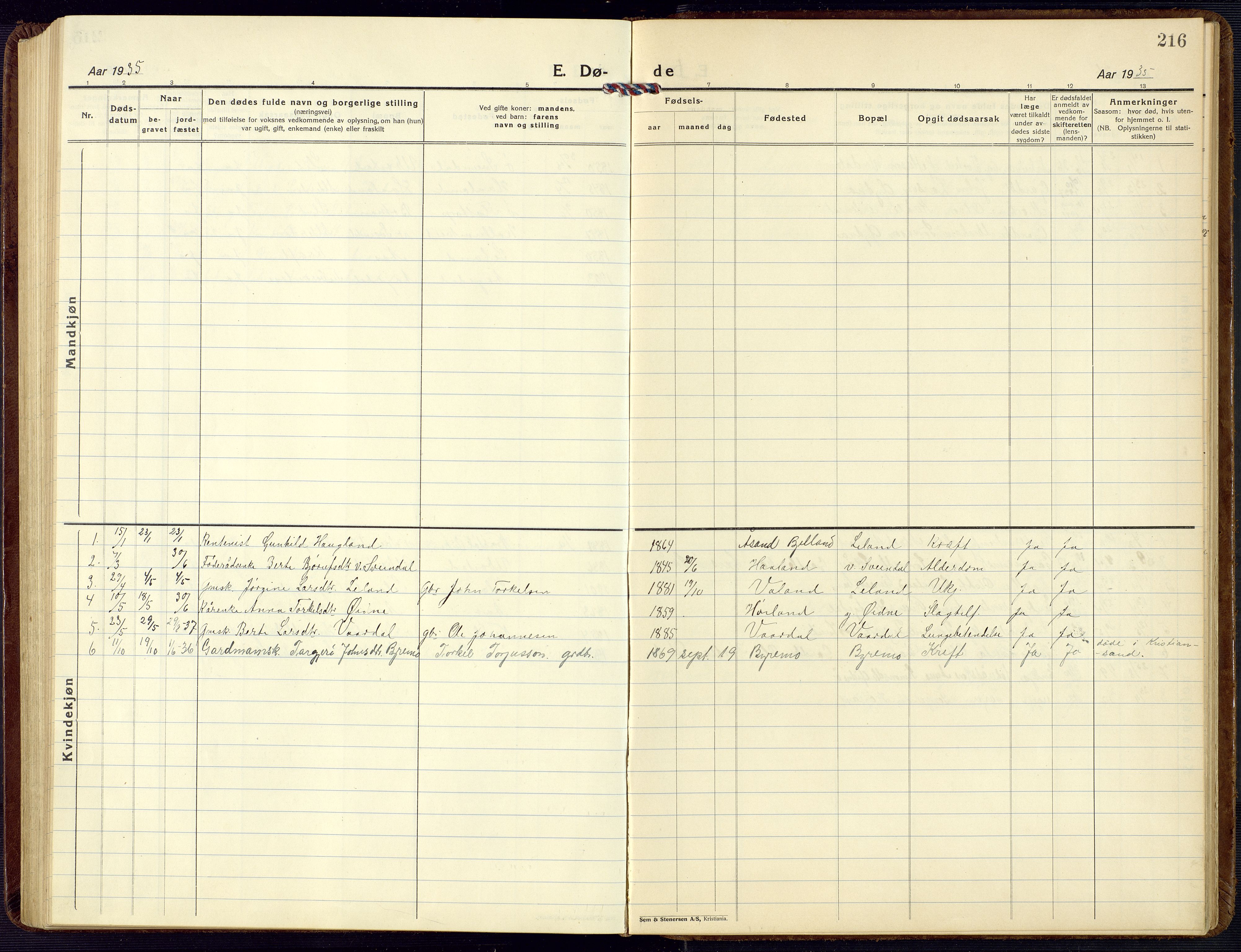 Bjelland sokneprestkontor, SAK/1111-0005/F/Fb/Fbc/L0004: Parish register (copy) no. B 4, 1921-1978, p. 216