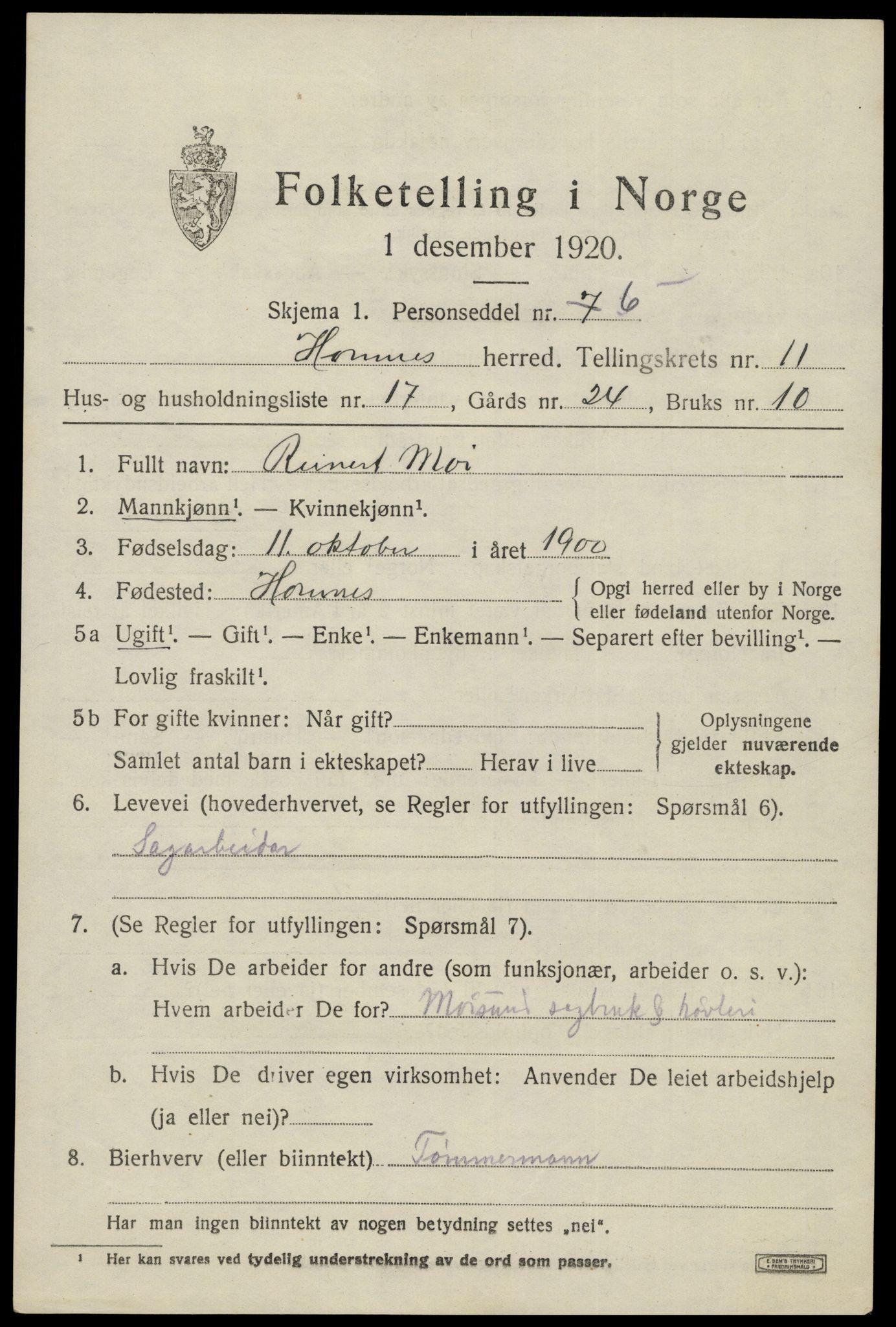 SAK, 1920 census for Hornnes, 1920, p. 2841