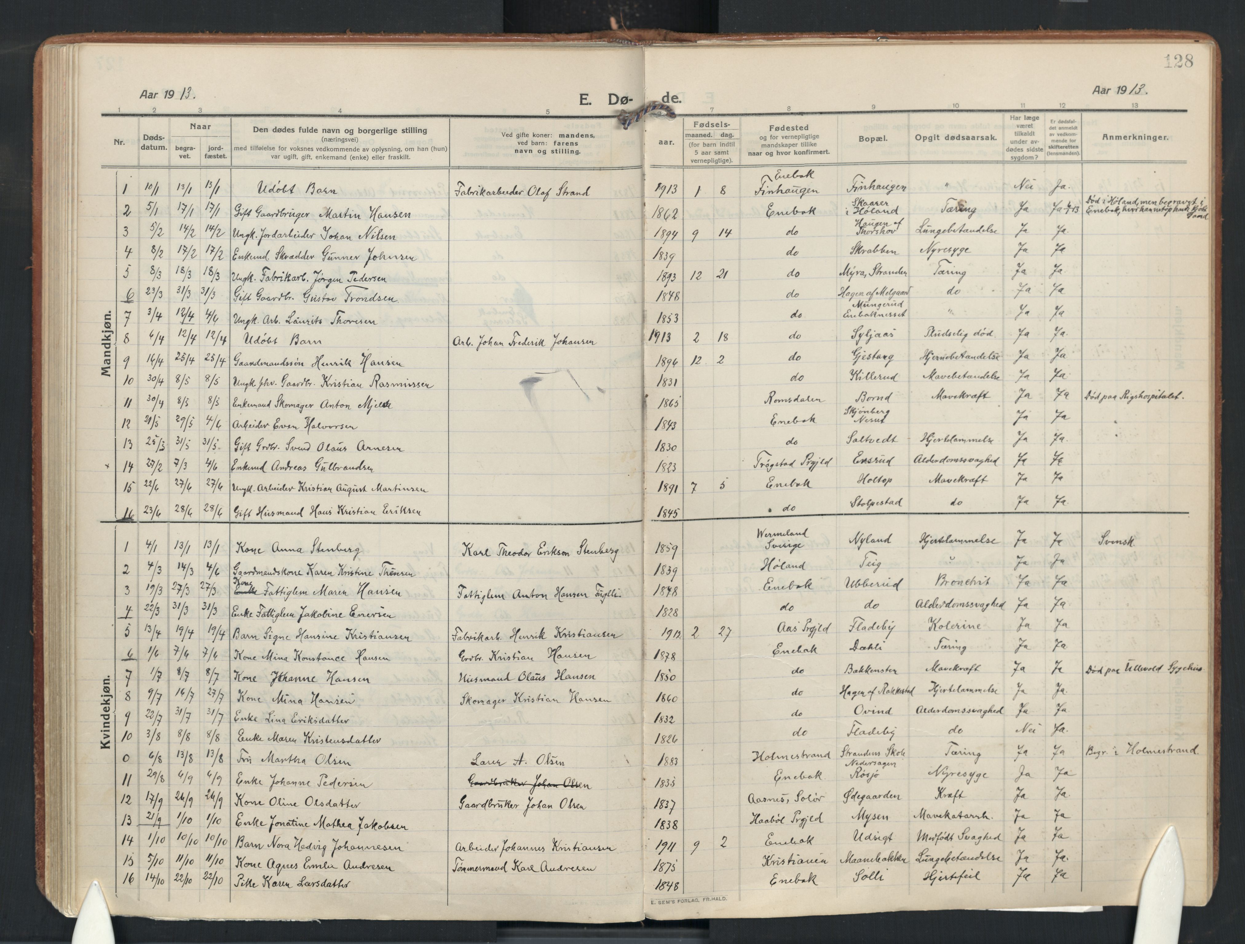 Enebakk prestekontor Kirkebøker, AV/SAO-A-10171c/F/Fa/L0019: Parish register (official) no. I 19, 1912-1935, p. 128