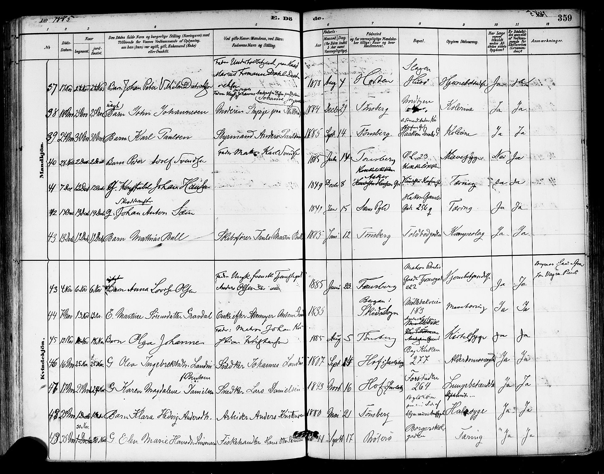 Tønsberg kirkebøker, AV/SAKO-A-330/F/Fa/L0011: Parish register (official) no. I 11, 1881-1890, p. 359