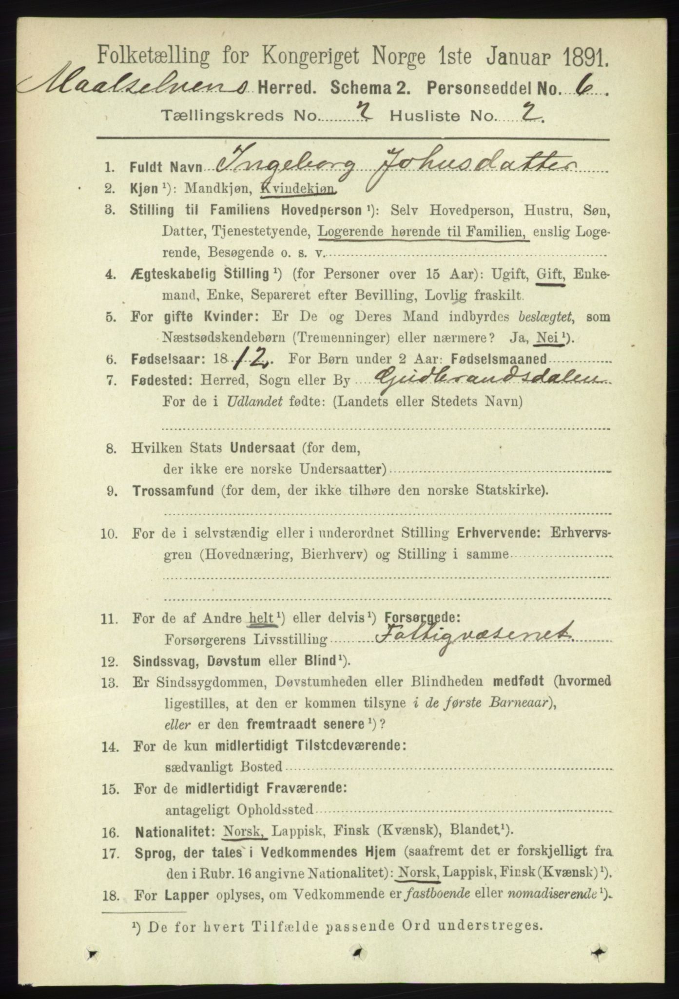 RA, 1891 census for 1924 Målselv, 1891, p. 309