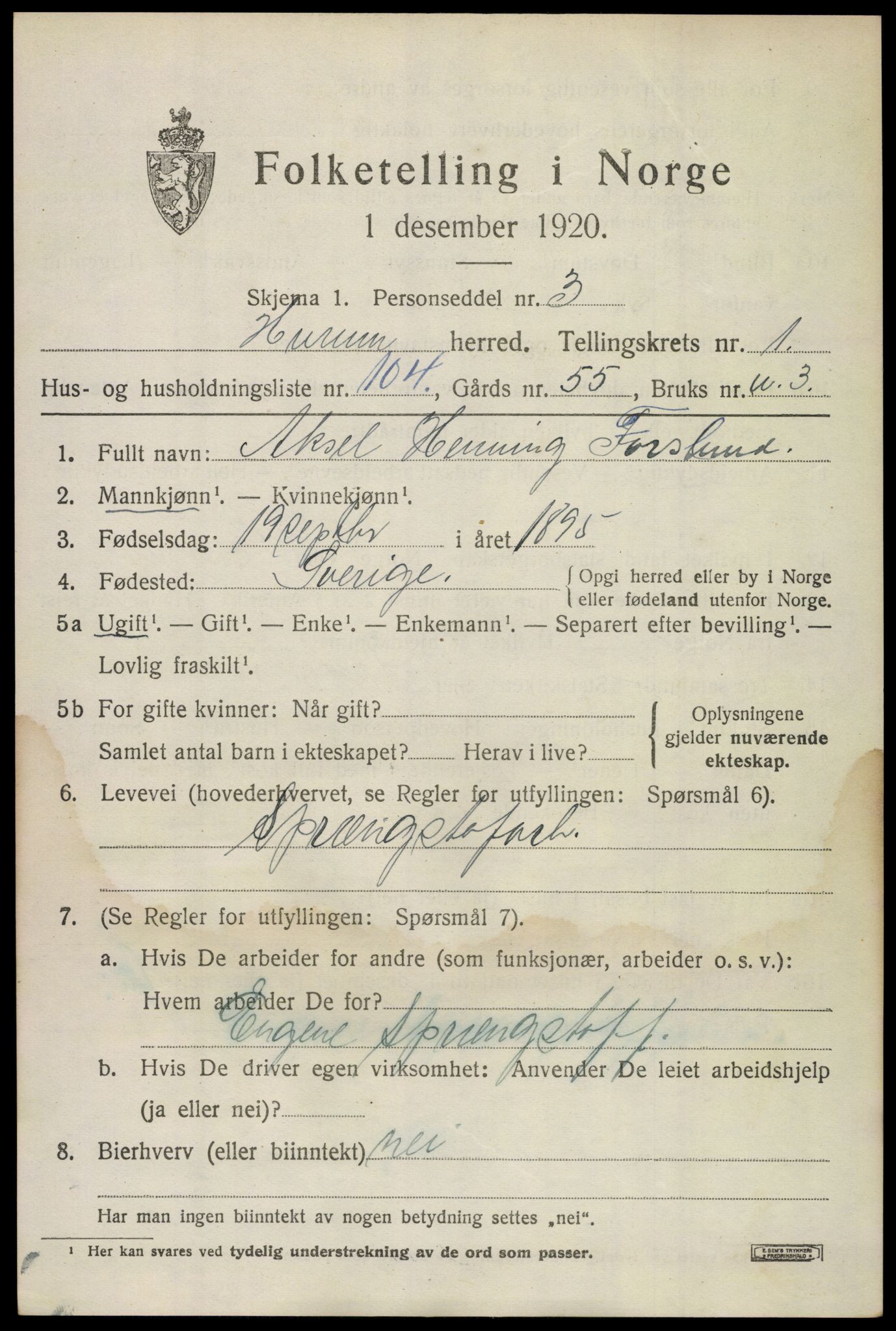 SAKO, 1920 census for Hurum, 1920, p. 3098