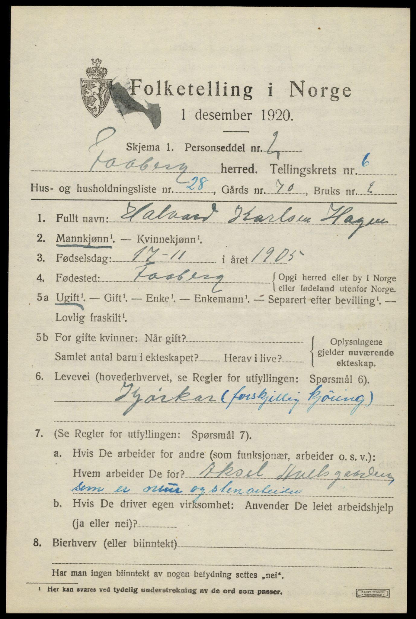 SAH, 1920 census for Fåberg, 1920, p. 7624