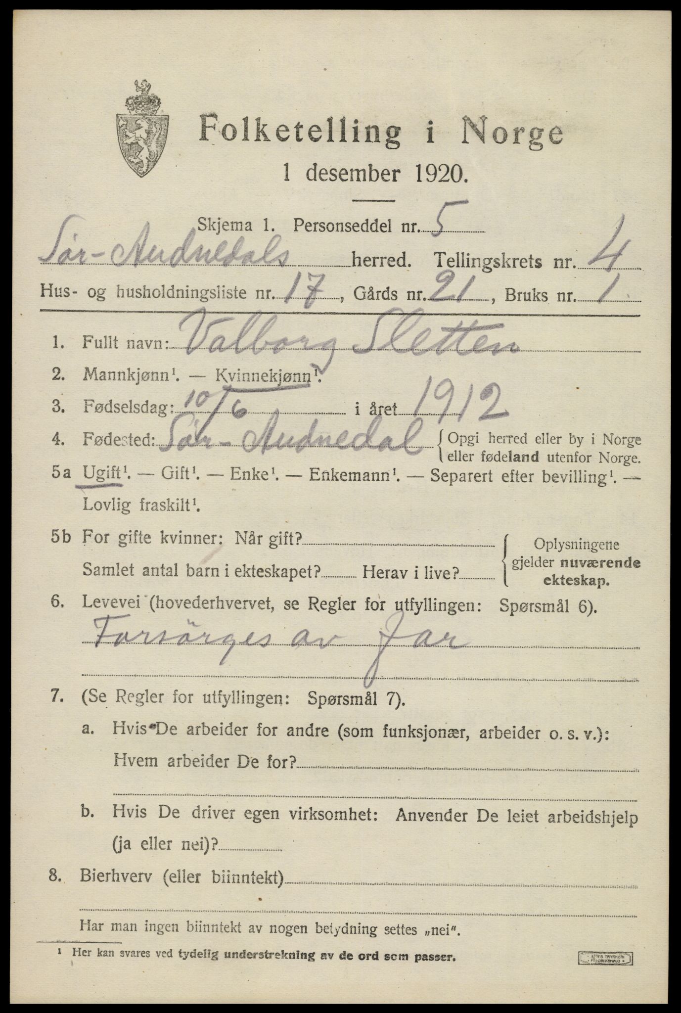 SAK, 1920 census for Sør-Audnedal, 1920, p. 2299