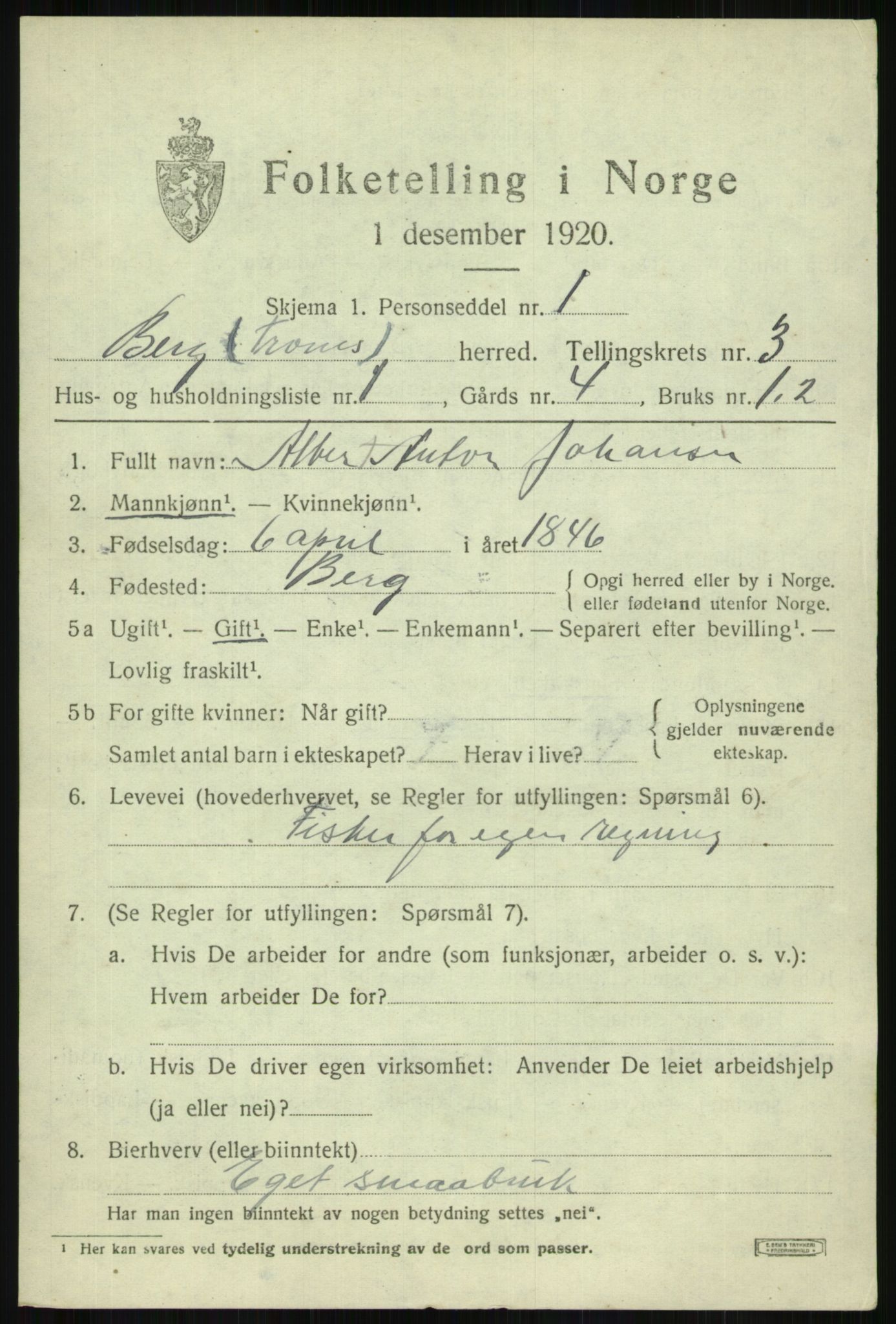 SATØ, 1920 census for Berg, 1920, p. 1230