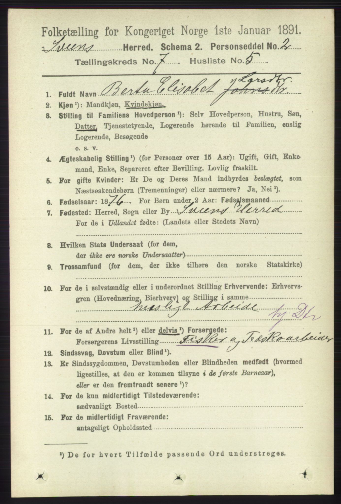 RA, 1891 census for 1216 Sveio, 1891, p. 1998