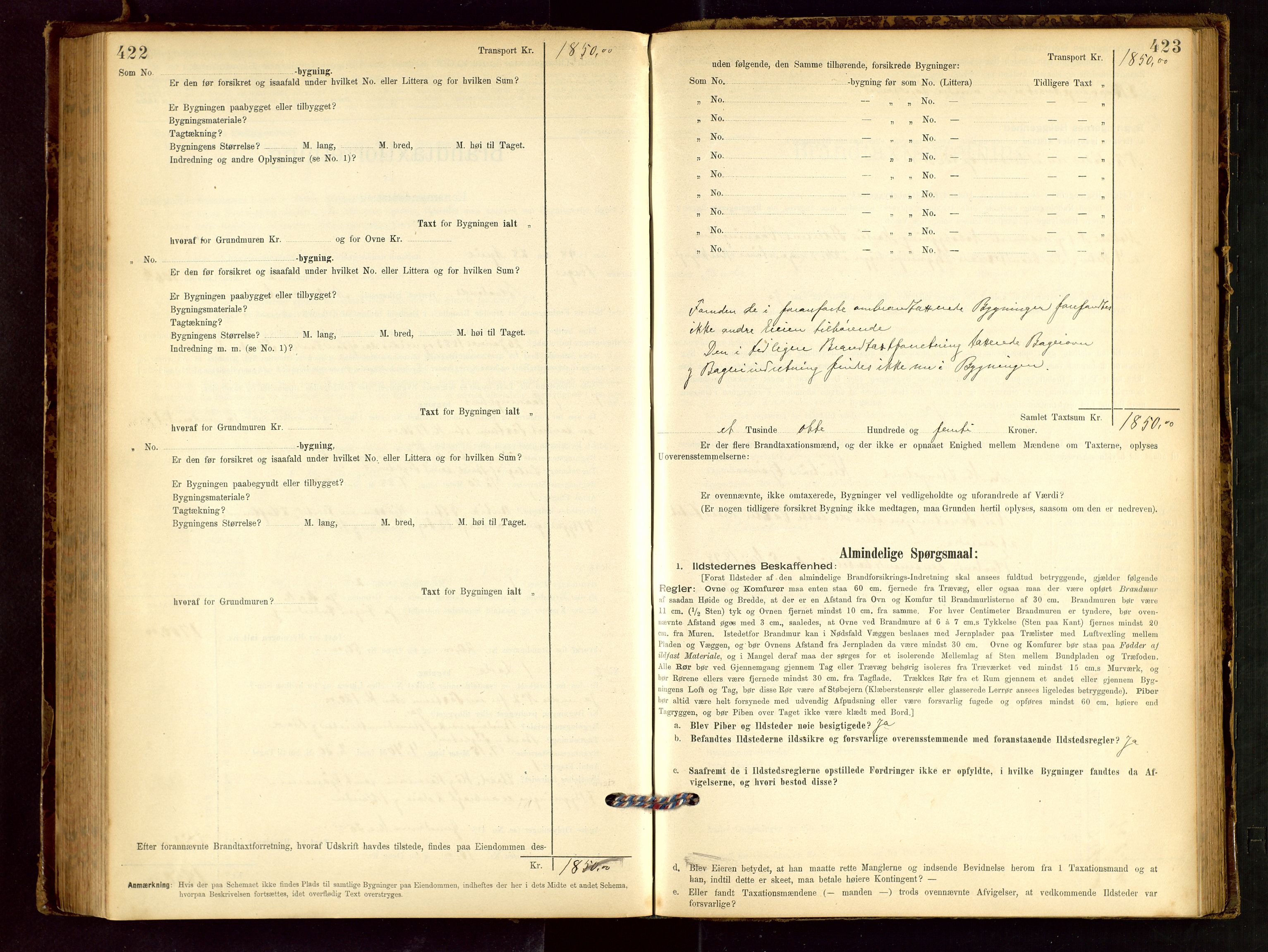 Håland lensmannskontor, AV/SAST-A-100100/Gob/L0001: Branntakstprotokoll - skjematakst. Register i boken., 1894-1902, p. 422-423