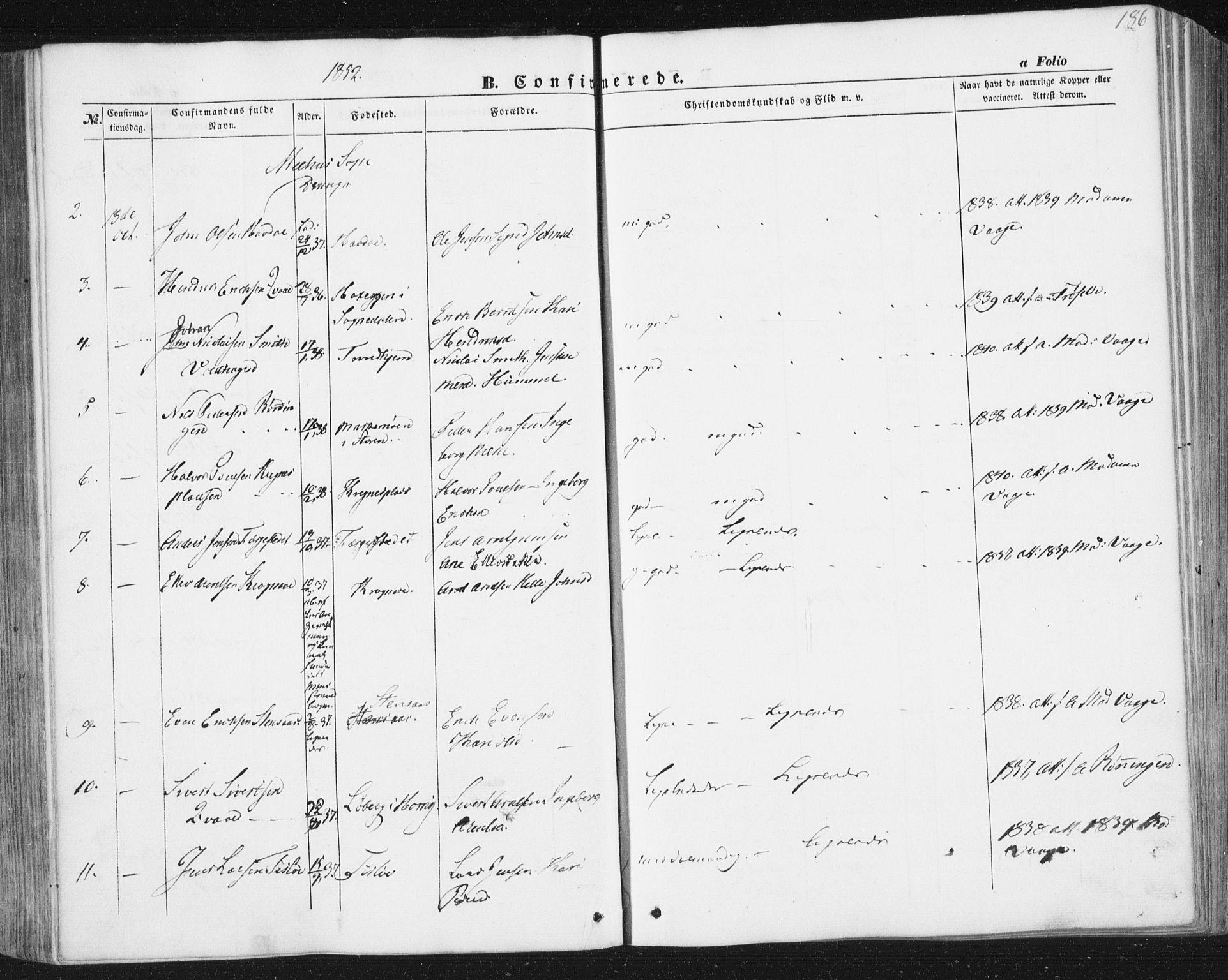 Ministerialprotokoller, klokkerbøker og fødselsregistre - Sør-Trøndelag, AV/SAT-A-1456/691/L1076: Parish register (official) no. 691A08, 1852-1861, p. 186