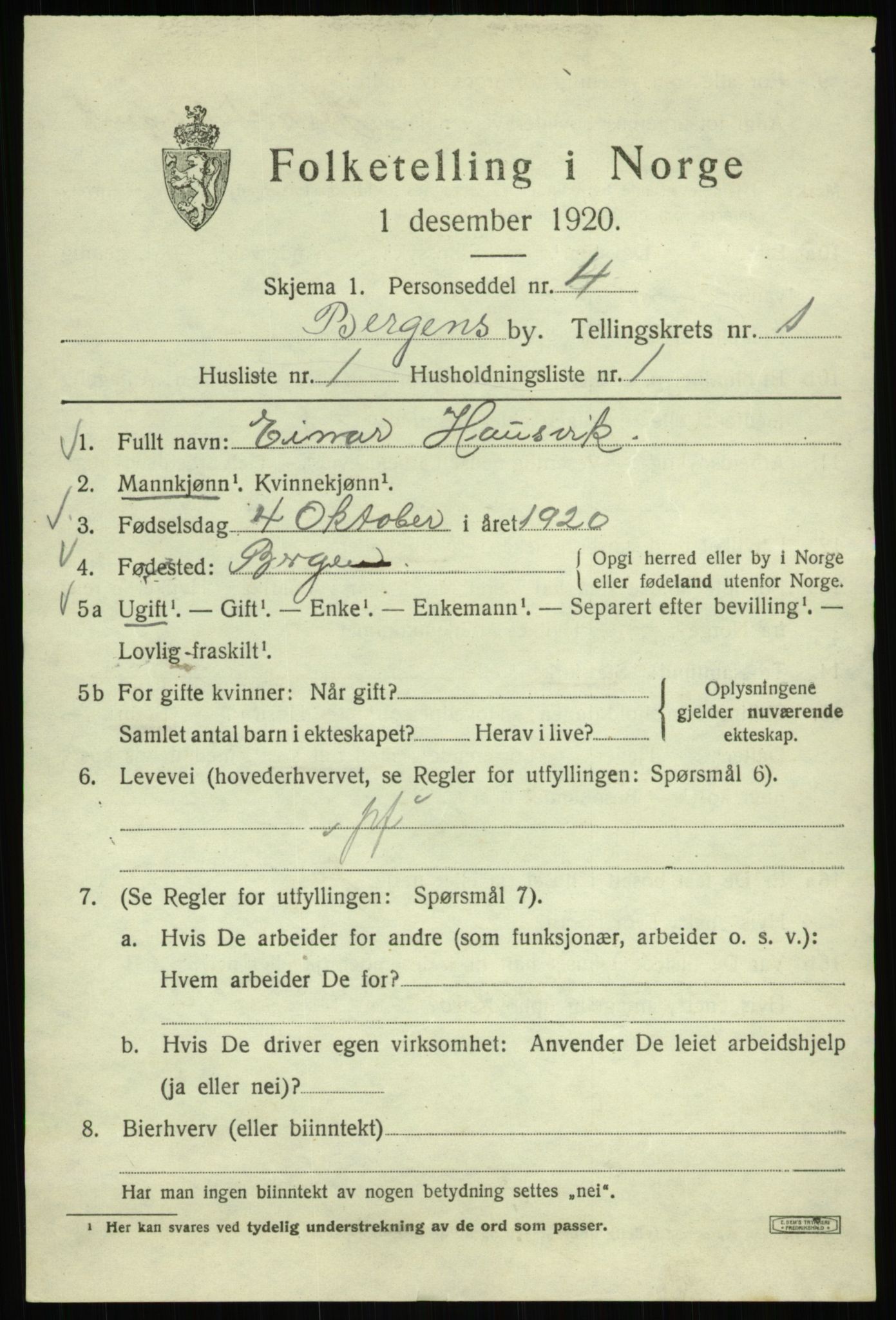 SAB, 1920 census for Bergen, 1920, p. 58187