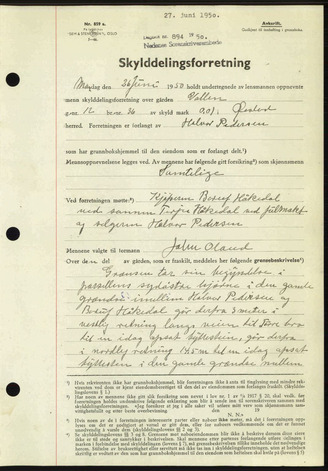 Nedenes sorenskriveri, SAK/1221-0006/G/Gb/Gba/L0062: Mortgage book no. A14, 1949-1950, Diary no: : 894/1950